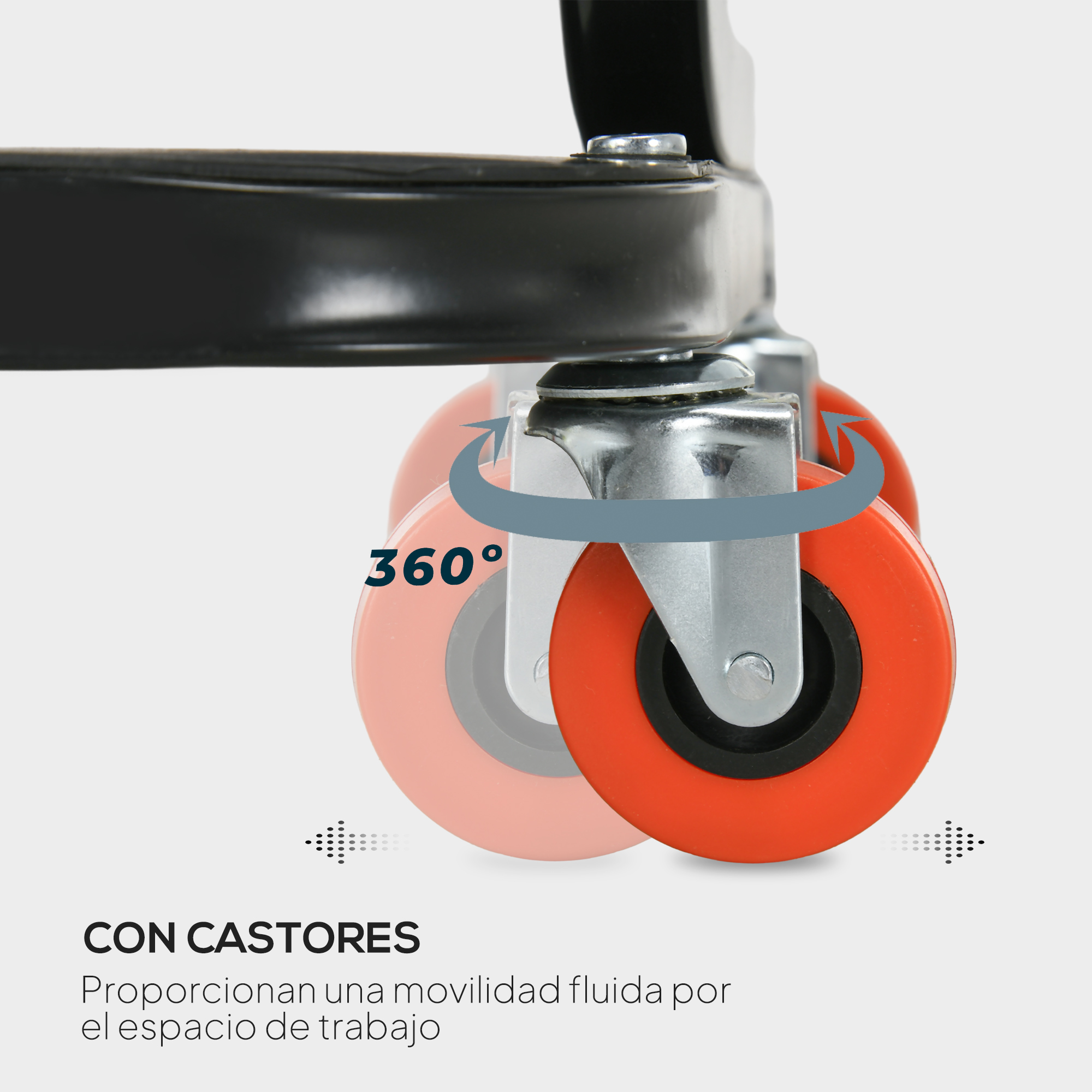 Primer plano de ruedas giratorias naranjas con icono de rotación de 360 grados.