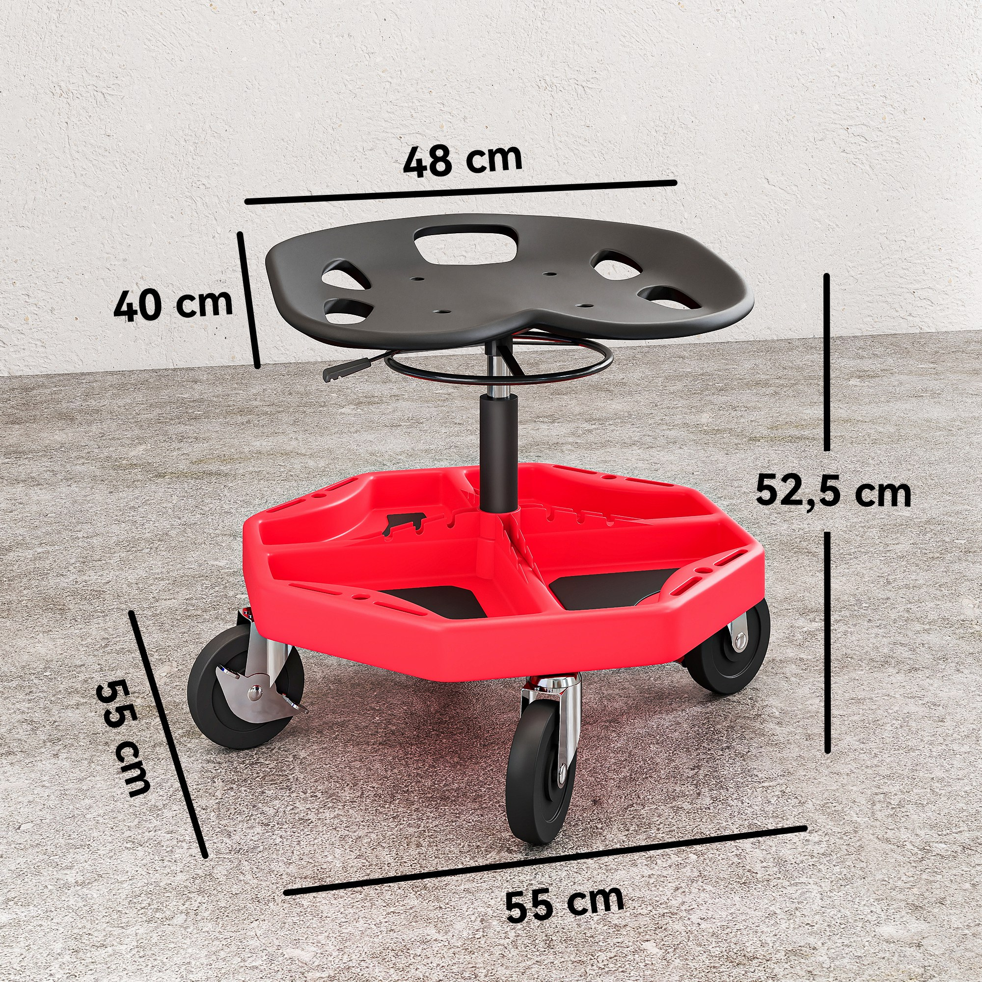 Un taburete rodante rojo para mecánico con asiento negro y medidas.