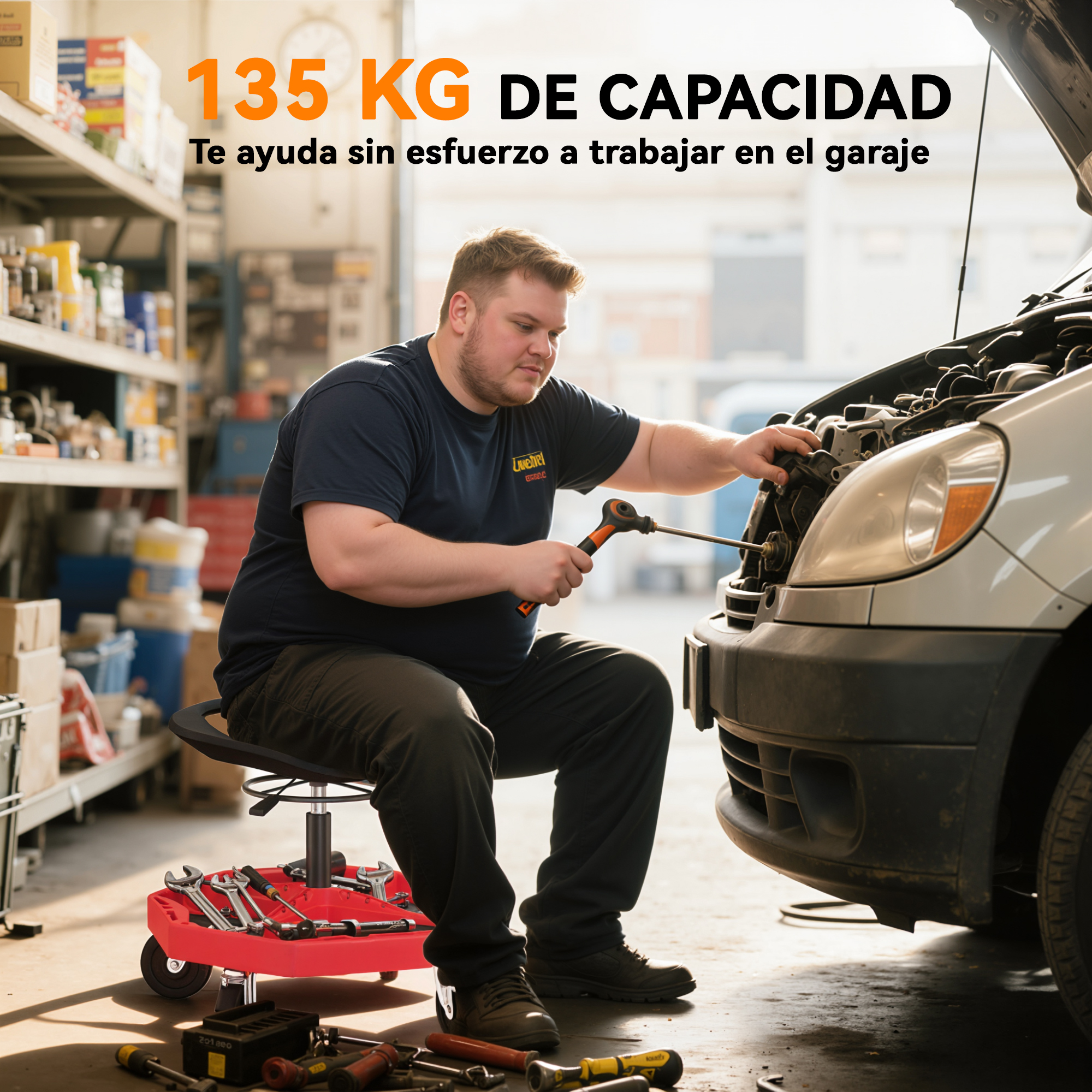 Mecánico sentado en un taburete con bandeja de herramientas reparando un coche.
