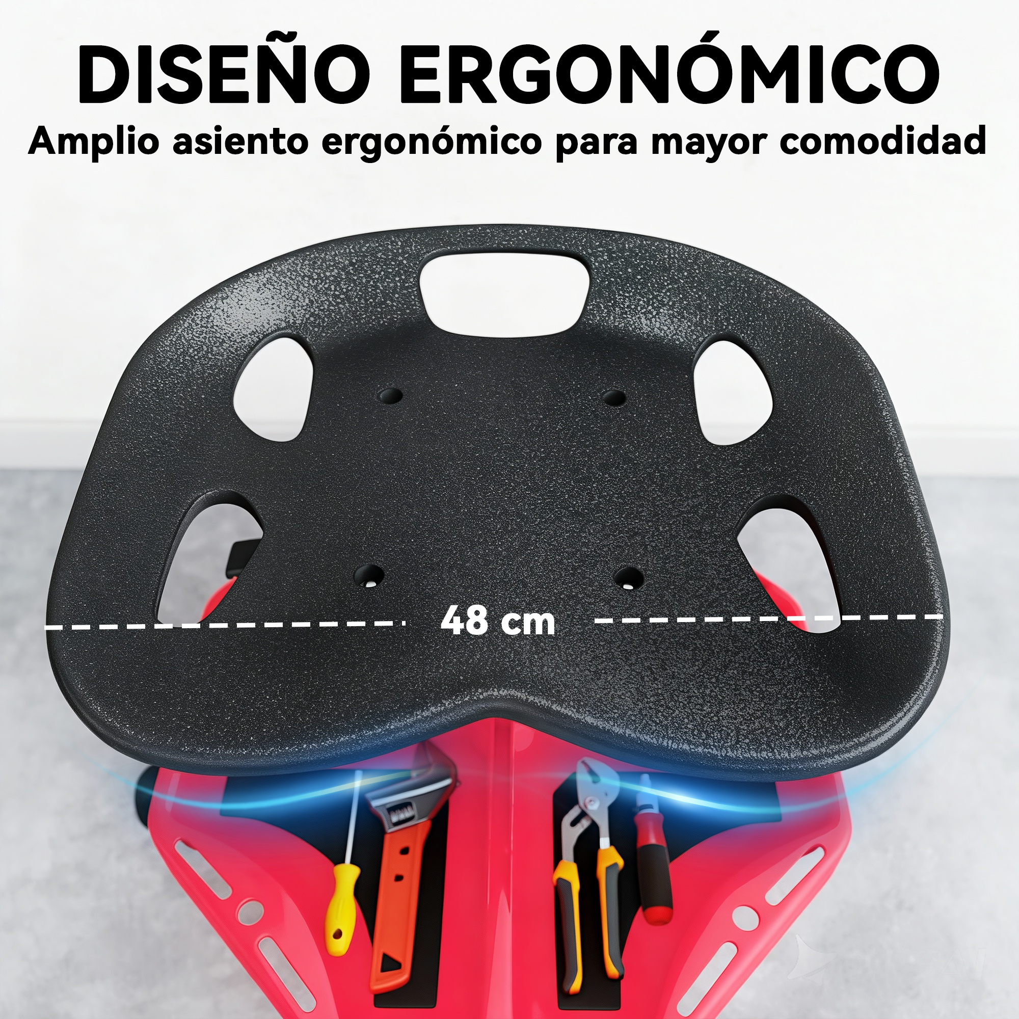 Asiento negro ergonómico de 48 cm de ancho sobre una bandeja de herramientas.