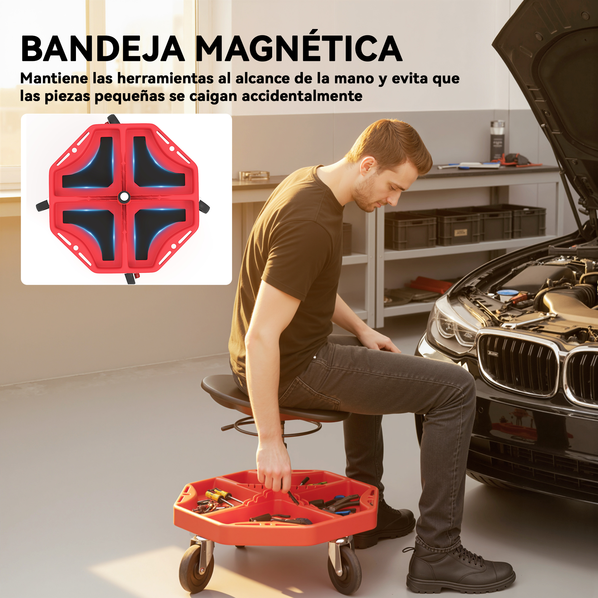 Un mecánico se sienta en un taburete con bandeja magnética roja.