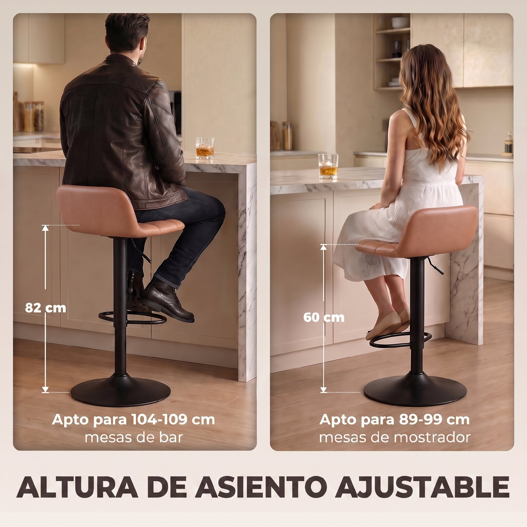 Comparación de dos taburetes de bar ajustables en una cocina moderna, con alturas de 82 cm y 60 cm.