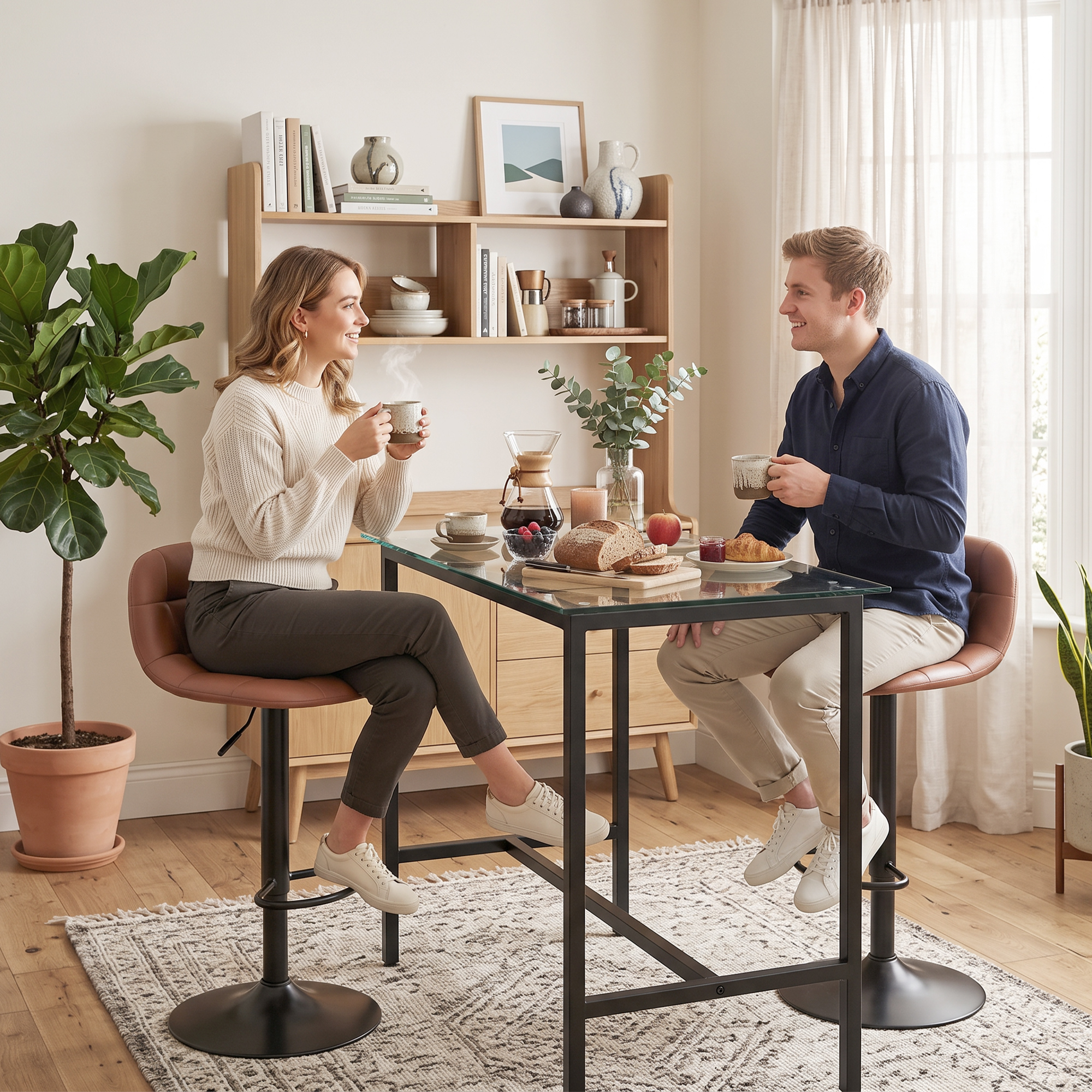 Una pareja está sentada en una mesa de vidrio, tomando café, hablando y sonriendo.