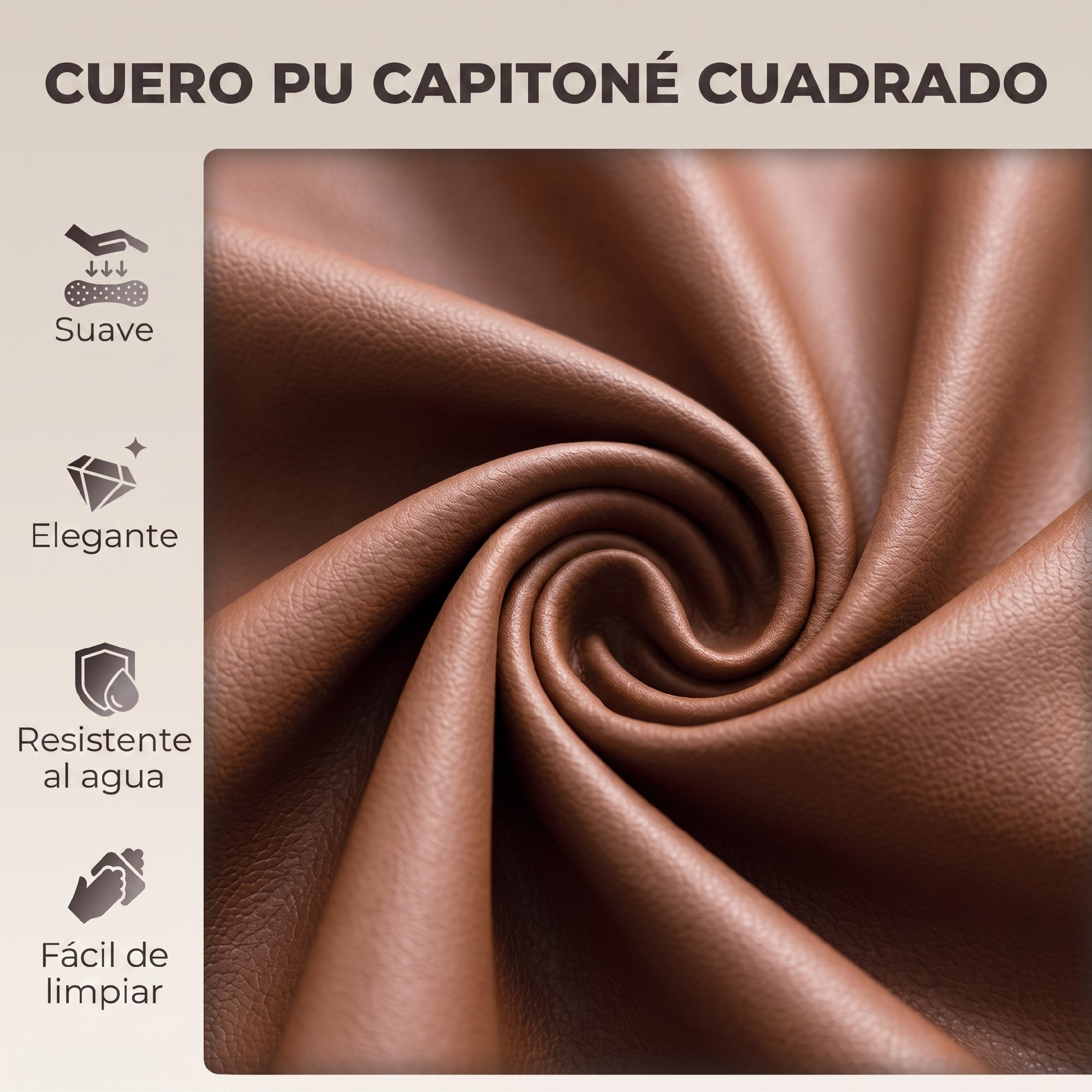 Cuero PU marrón con texto e iconos que indican suavidad, elegancia, resistencia al agua y fácil limpieza.