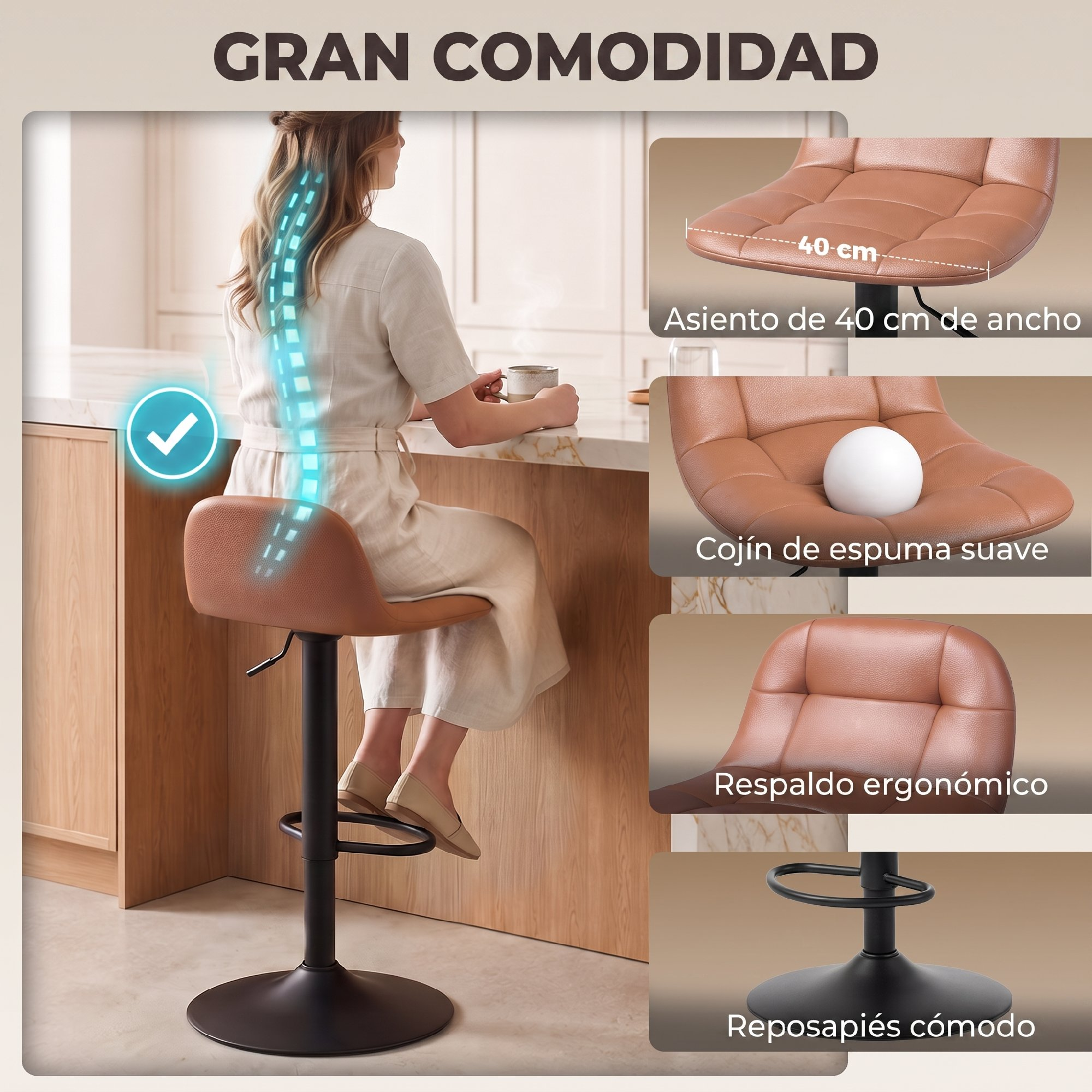 Una mujer se sienta en un taburete de bar ergonómico con asiento de cuero marrón y base negra en una cocina.
