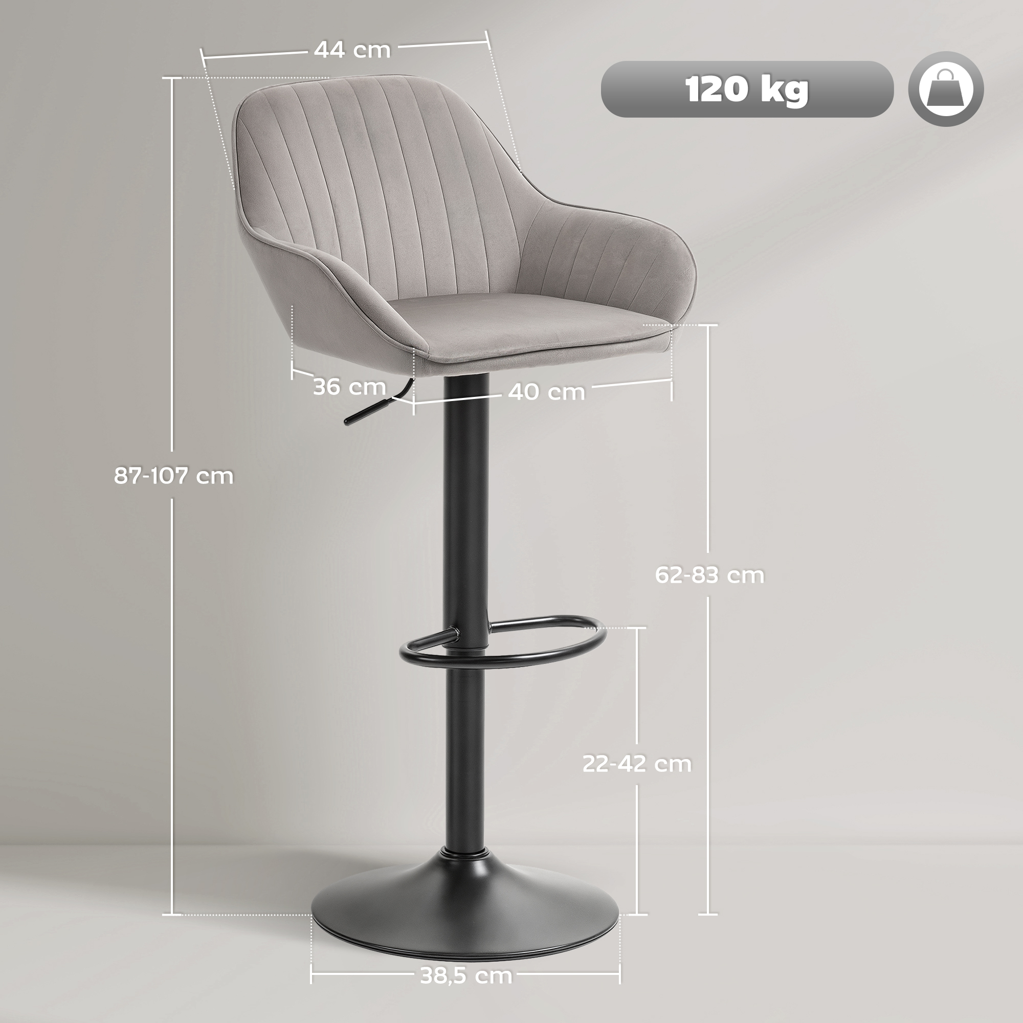 Taburete de bar gris con base de metal negro y medidas detalladas, carga máx. 120 kg.
