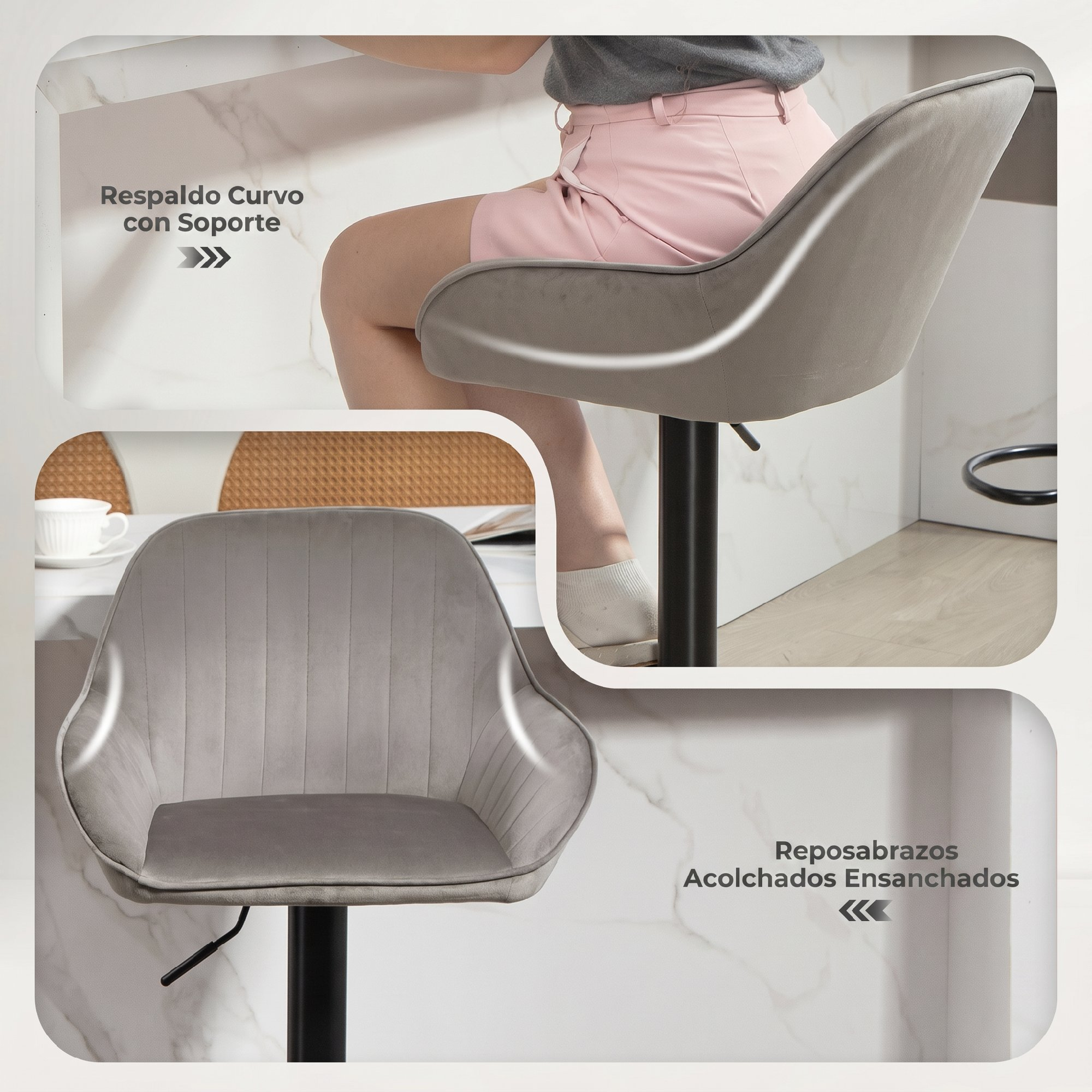 Taburete de bar gris acolchado con respaldo curvo y reposabrazos anchos.