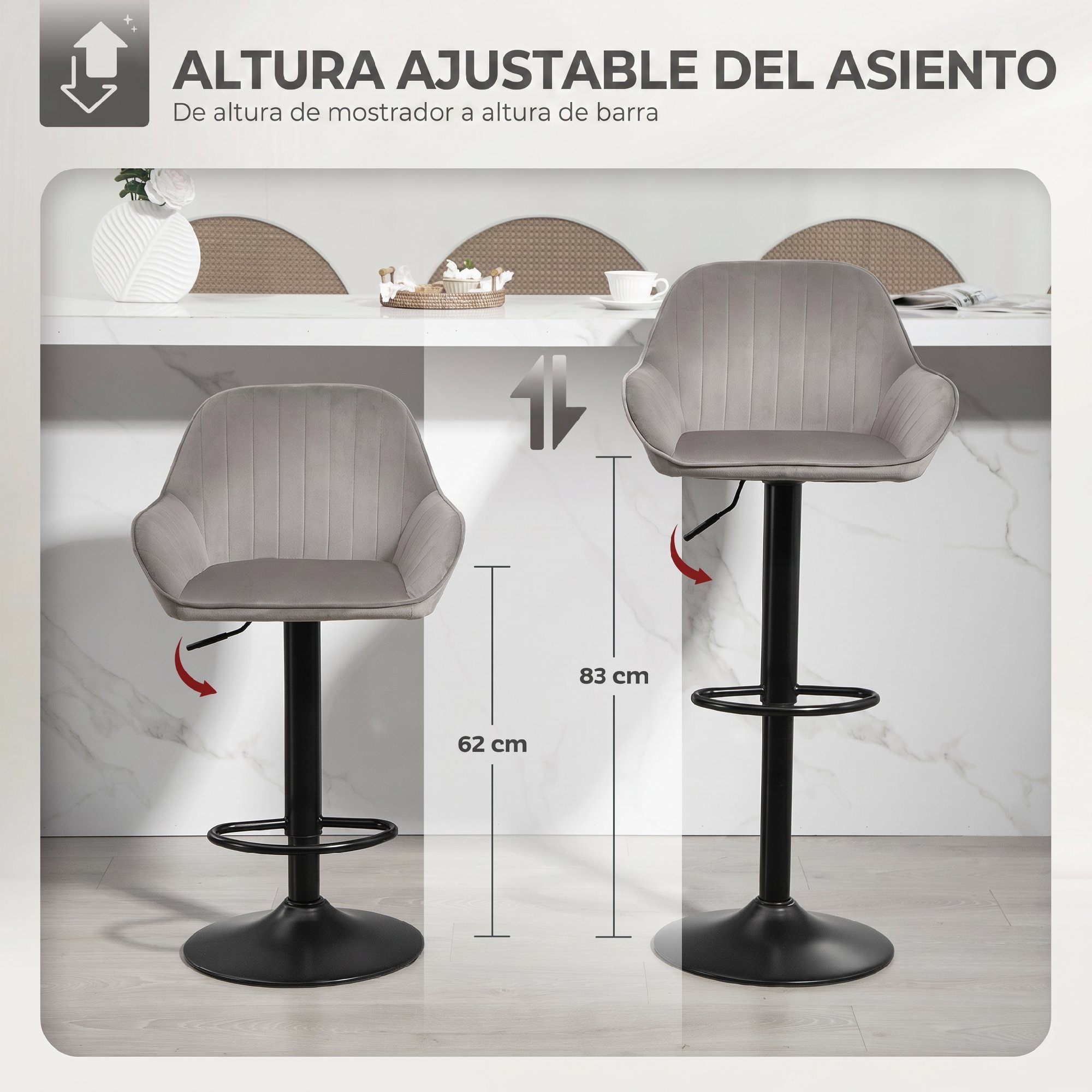 Dos taburetes de bar grises con altura ajustable de 62 cm a 83 cm frente a una barra de mármol.