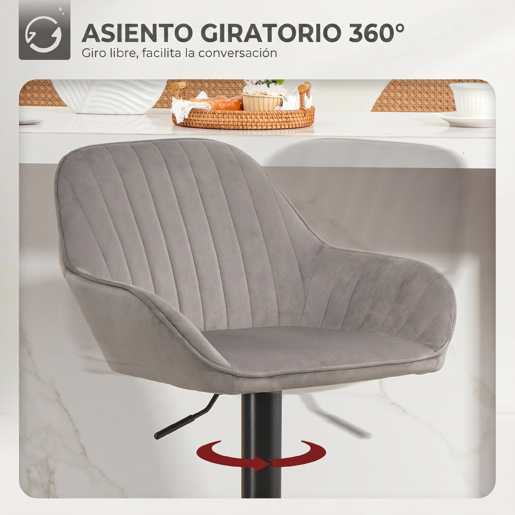Taburete de bar gris con asiento tapizado y giro de 360 grados en una barra.