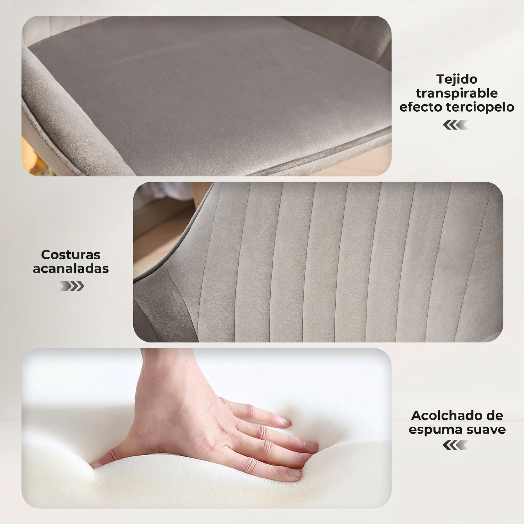 Tres paneles muestran una silla de terciopelo gris, costuras acanaladas y una mano presionando espuma.