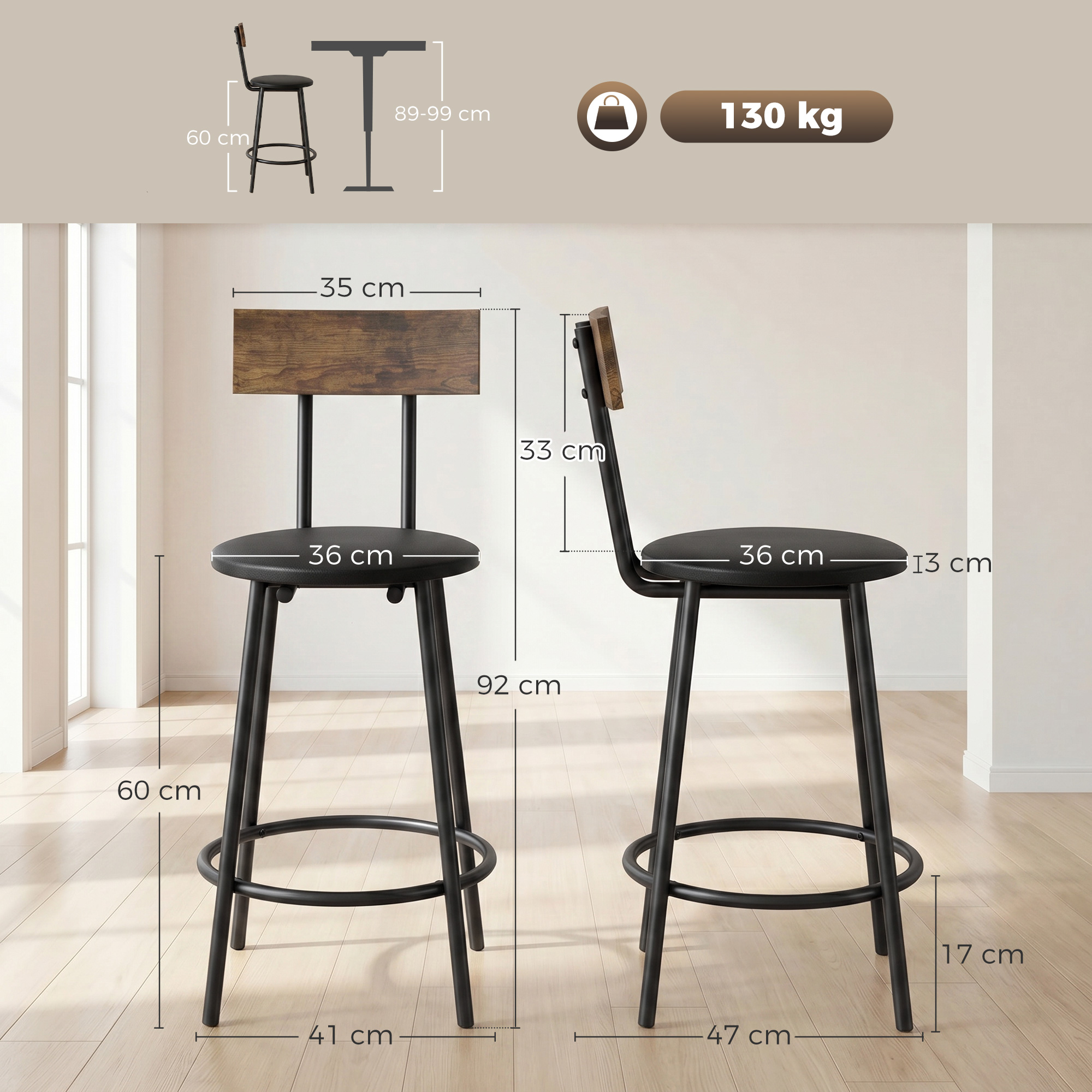 Dibujo técnico de un taburete de bar con dimensiones, vista frontal y lateral con un límite de peso de 130 kg.