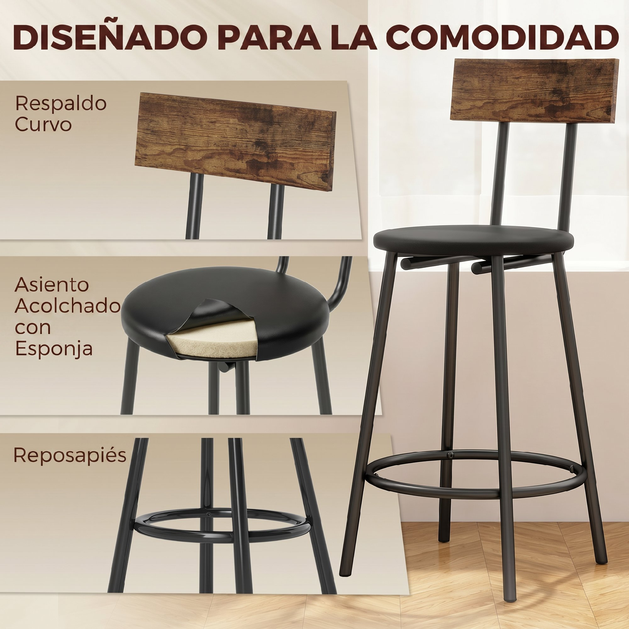 Taburete de bar con asiento negro, respaldo de madera y reposapiés, con detalles del respaldo, cojín y reposapiés.