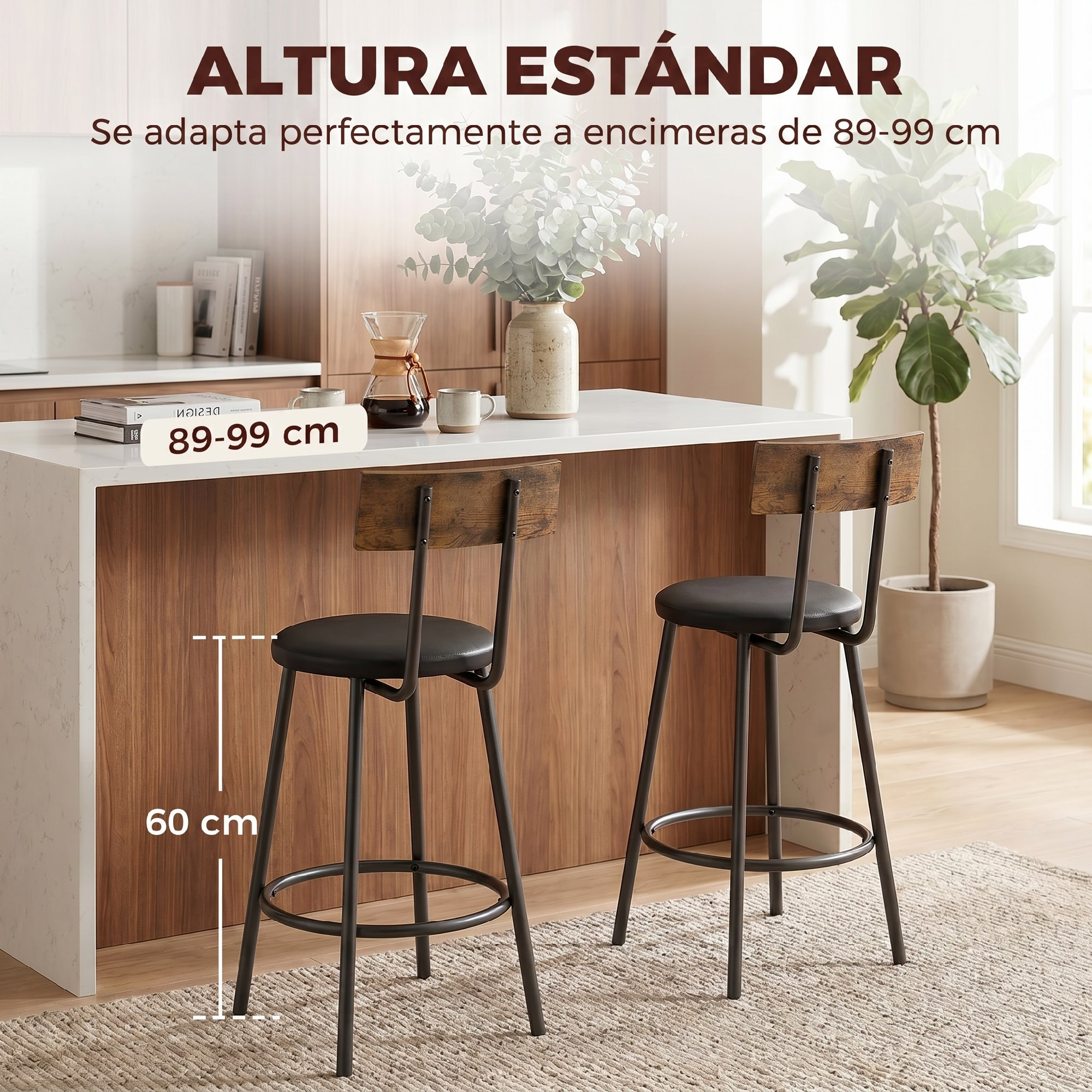 Dos taburetes de bar de metal y madera junto a una isla de cocina, de 60 cm de altura.