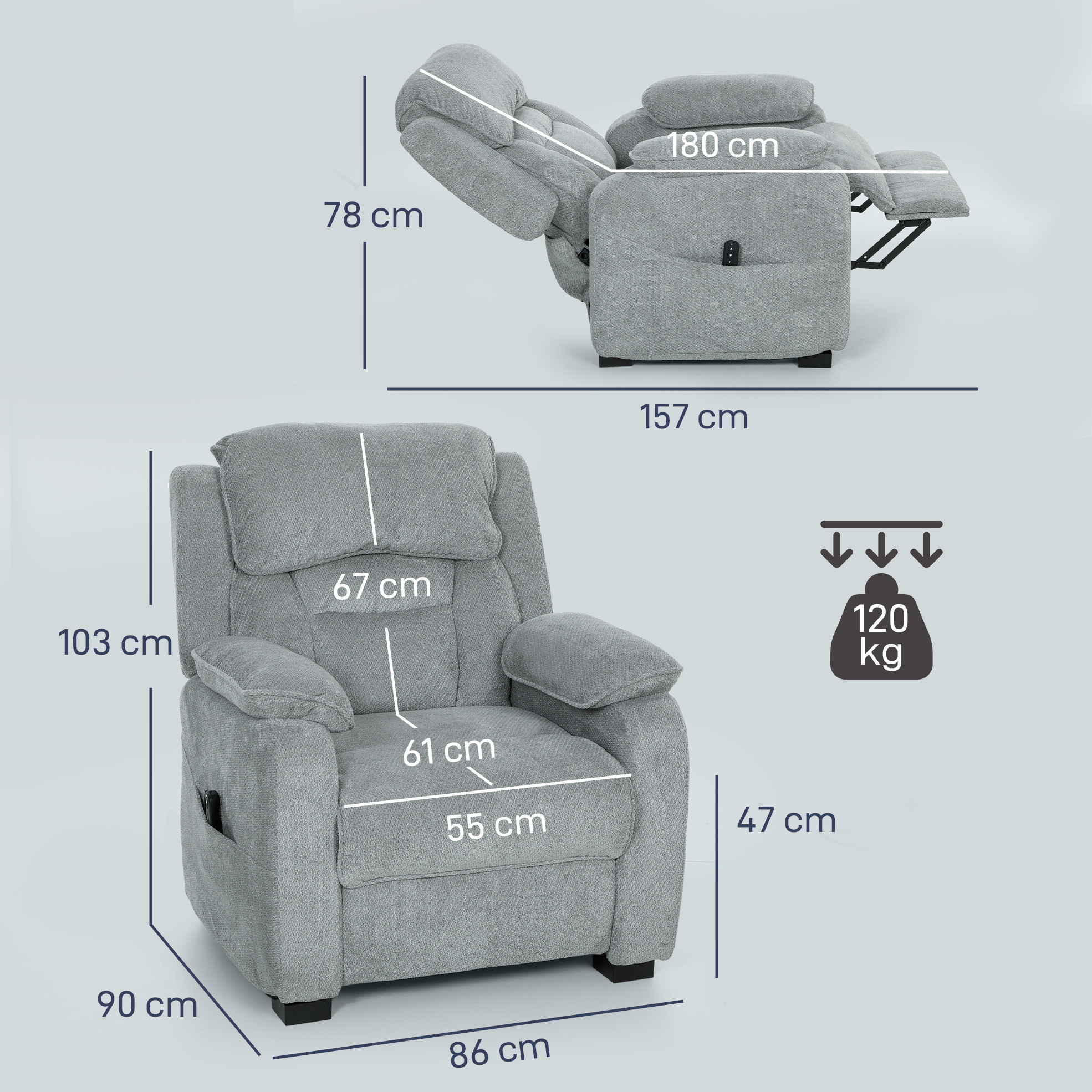 Sillón tapizado gris con dimensiones en posición vertical y reclinada, límite de peso de 120 kg.