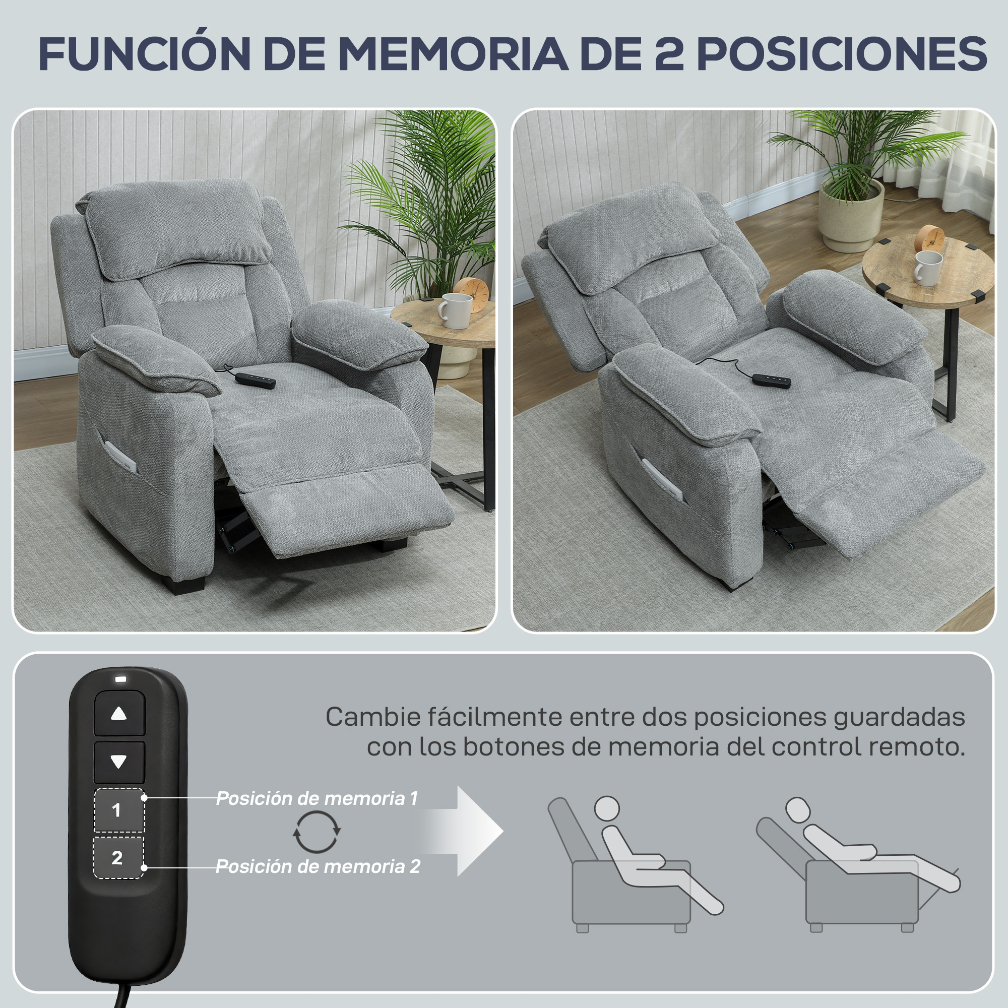 Sillón gris con dos posiciones de memoria y un control remoto para fácil ajuste.