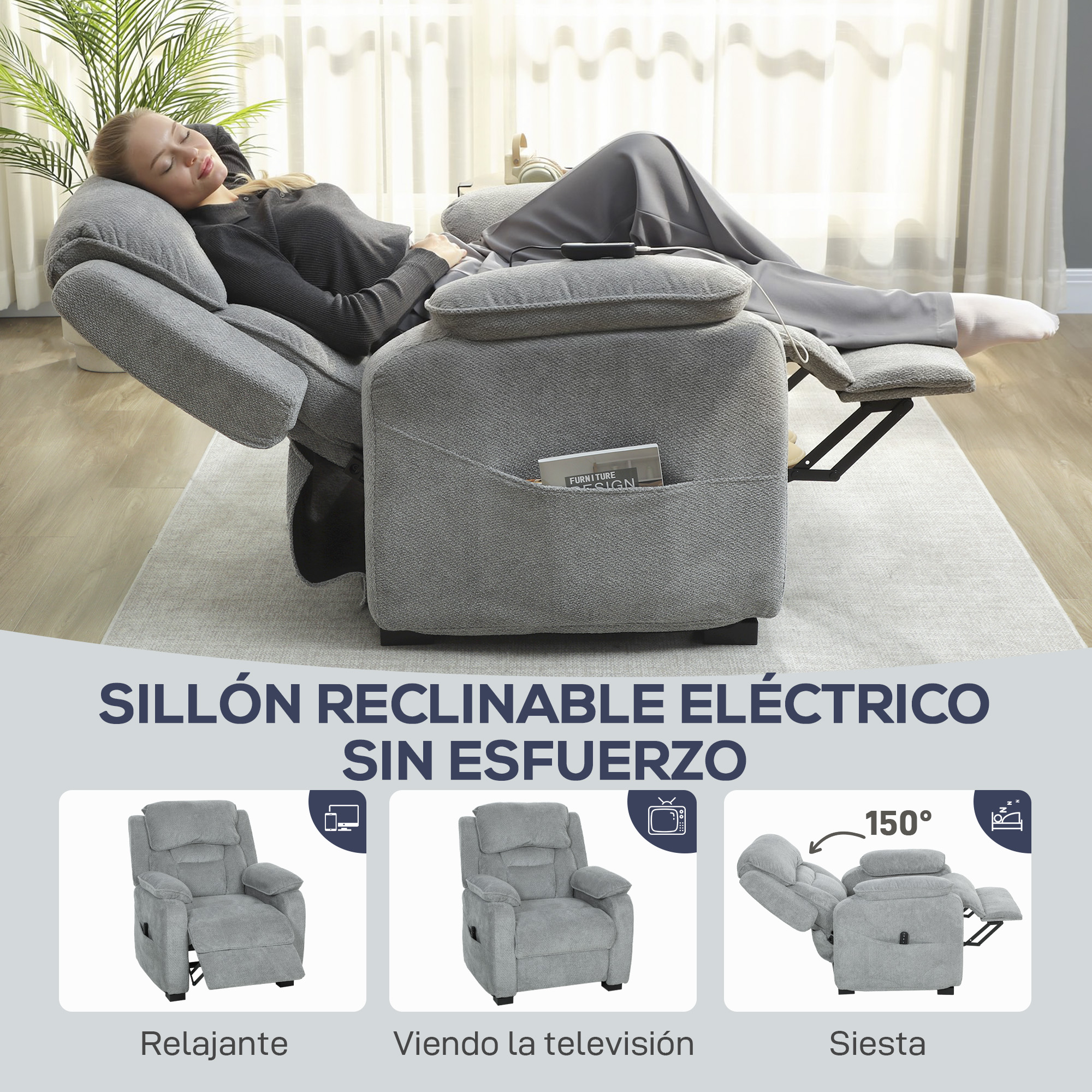 Una mujer se relaja en un sillón reclinable eléctrico gris con las piernas estiradas.