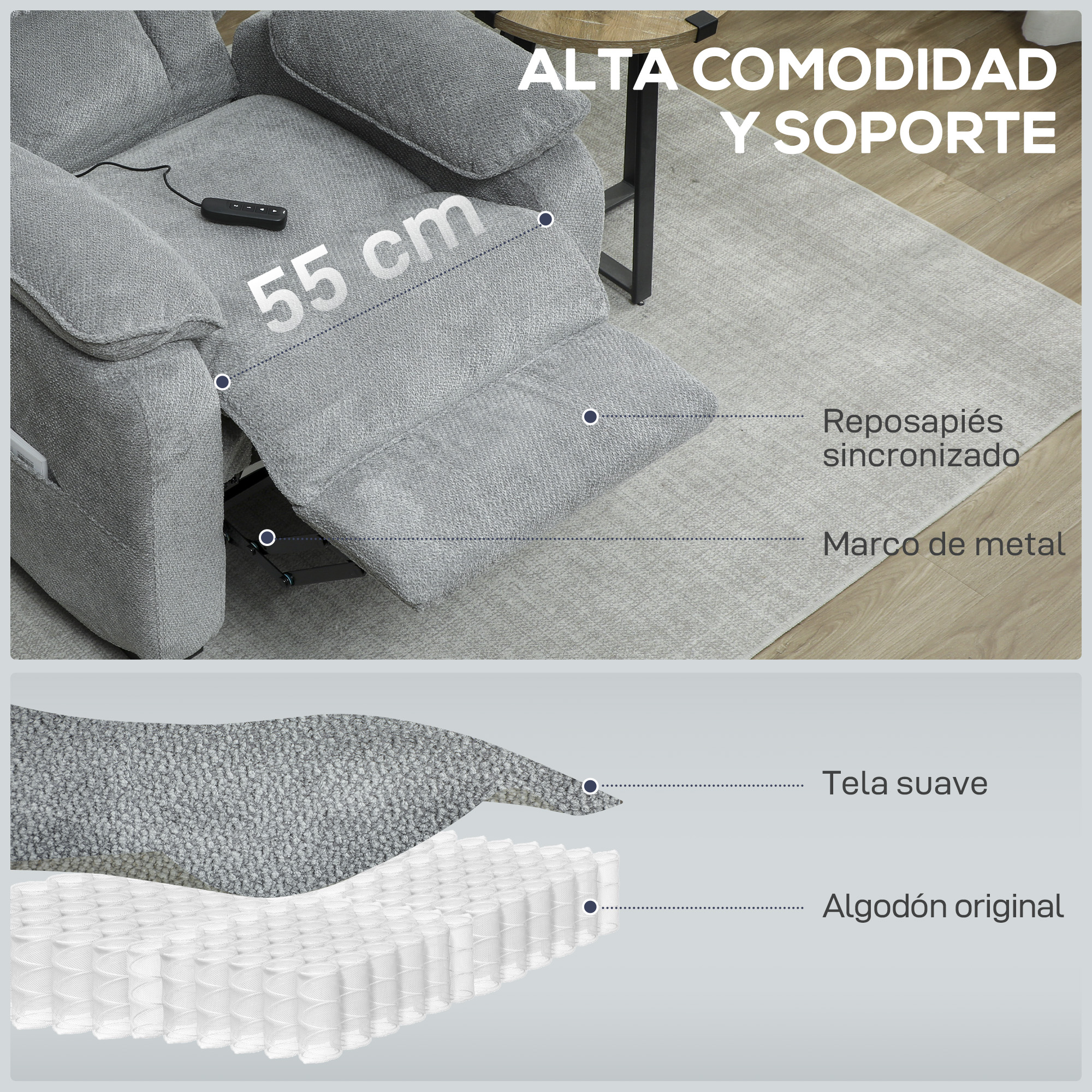 Sillón gris con reposapiés, marco de metal y capas de tela suave y algodón.