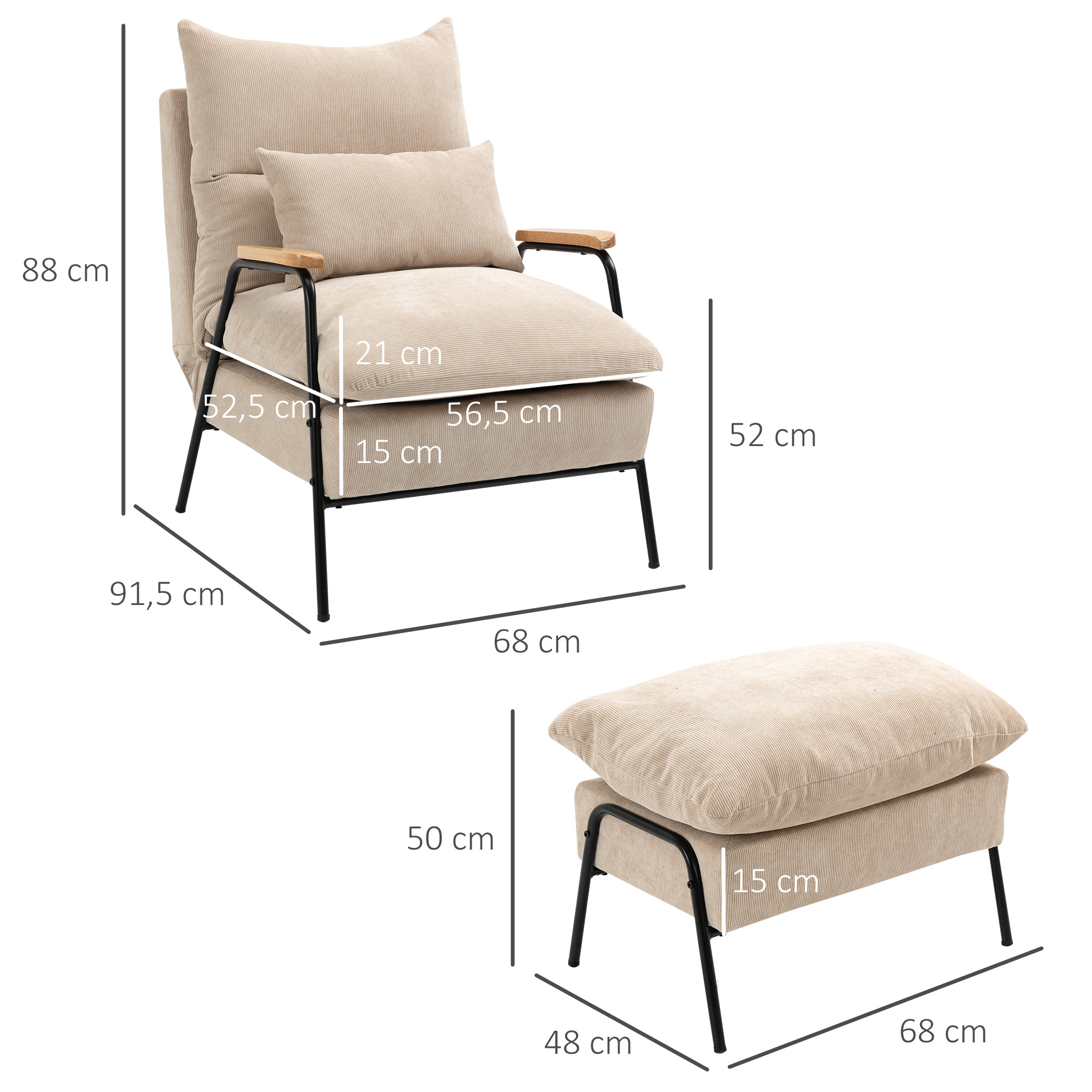 Sillón beige con taburete, patas de metal negro y dimensiones en centímetros sobre un fondo blanco.