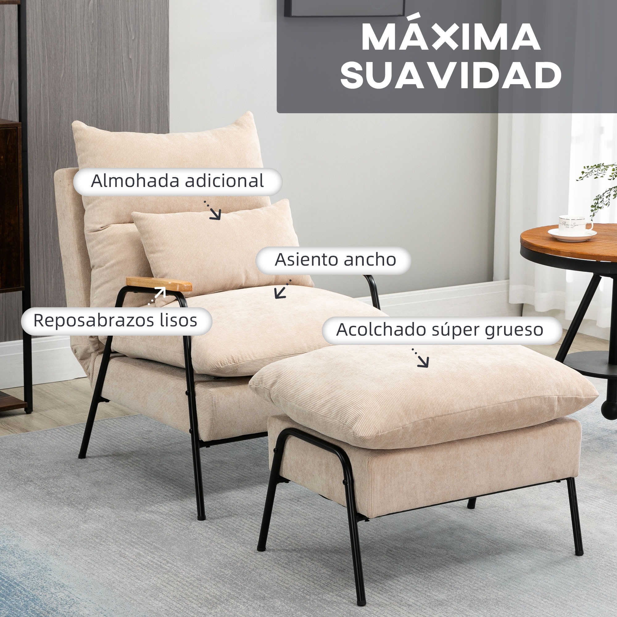 Sillón beige con otomana, patas negras, cojines y reposabrazos de madera.