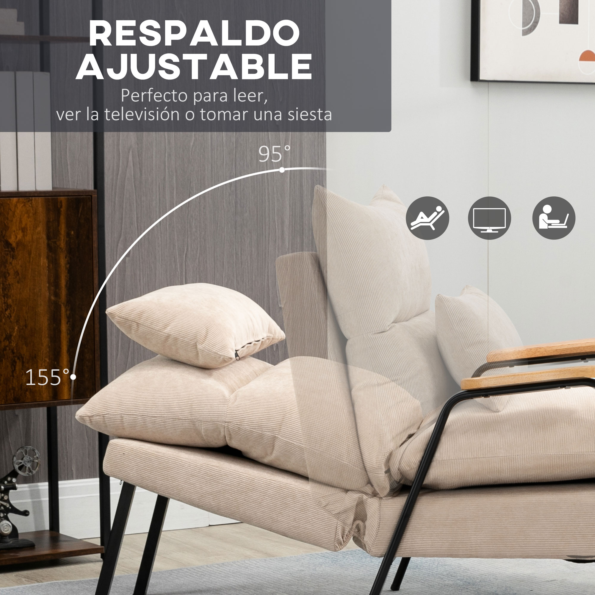 Sillón ajustable beis con cojines, reposabrazos de madera e iconos de función.