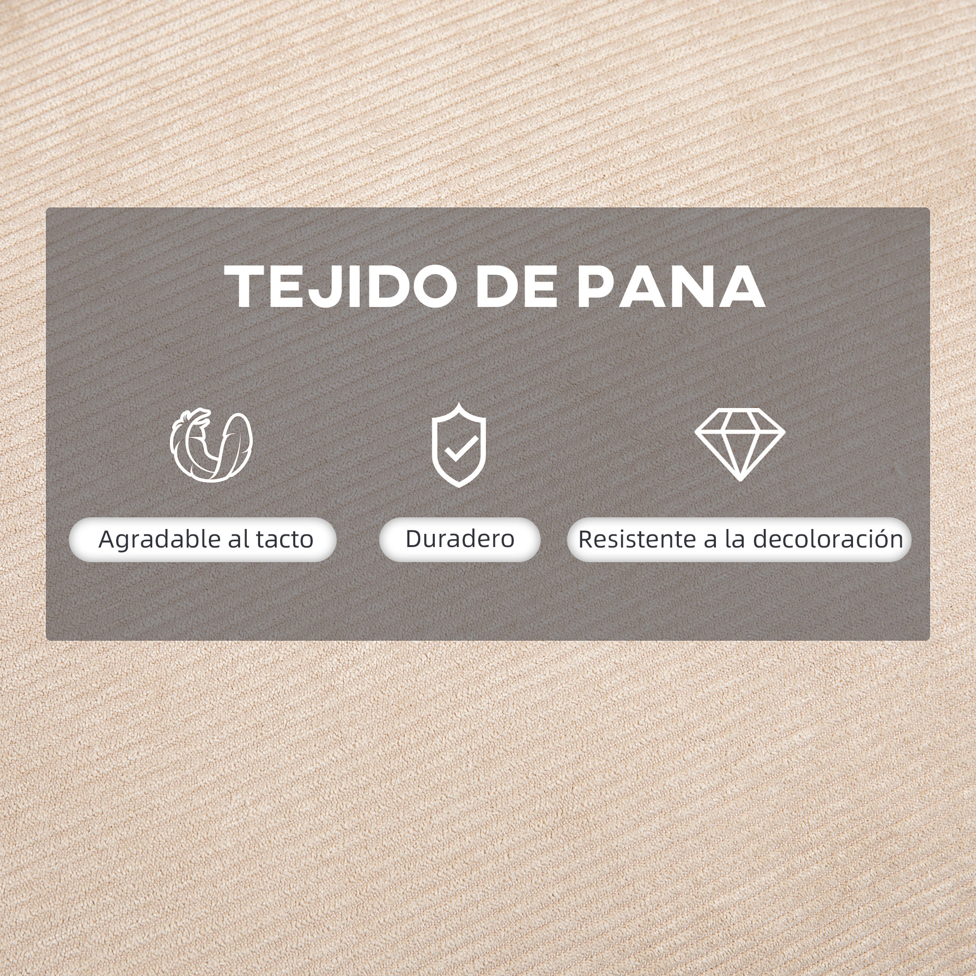 Tejido de pana con iconos de tacto suave, durabilidad y resistencia a la decoloración.