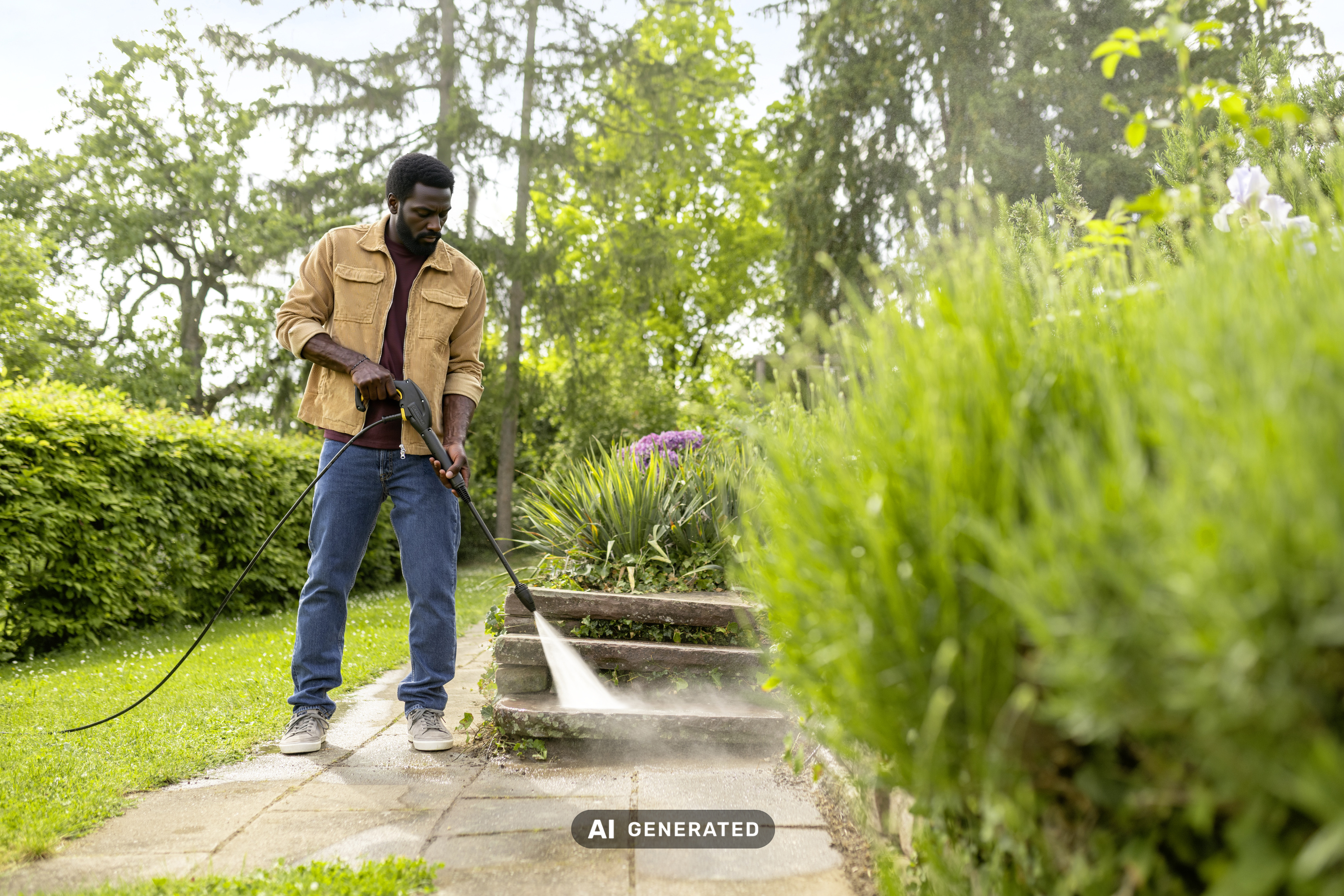 Ein Mann wäscht Steinstufen in einem grünen Garten mit einem Hochdruckreiniger.