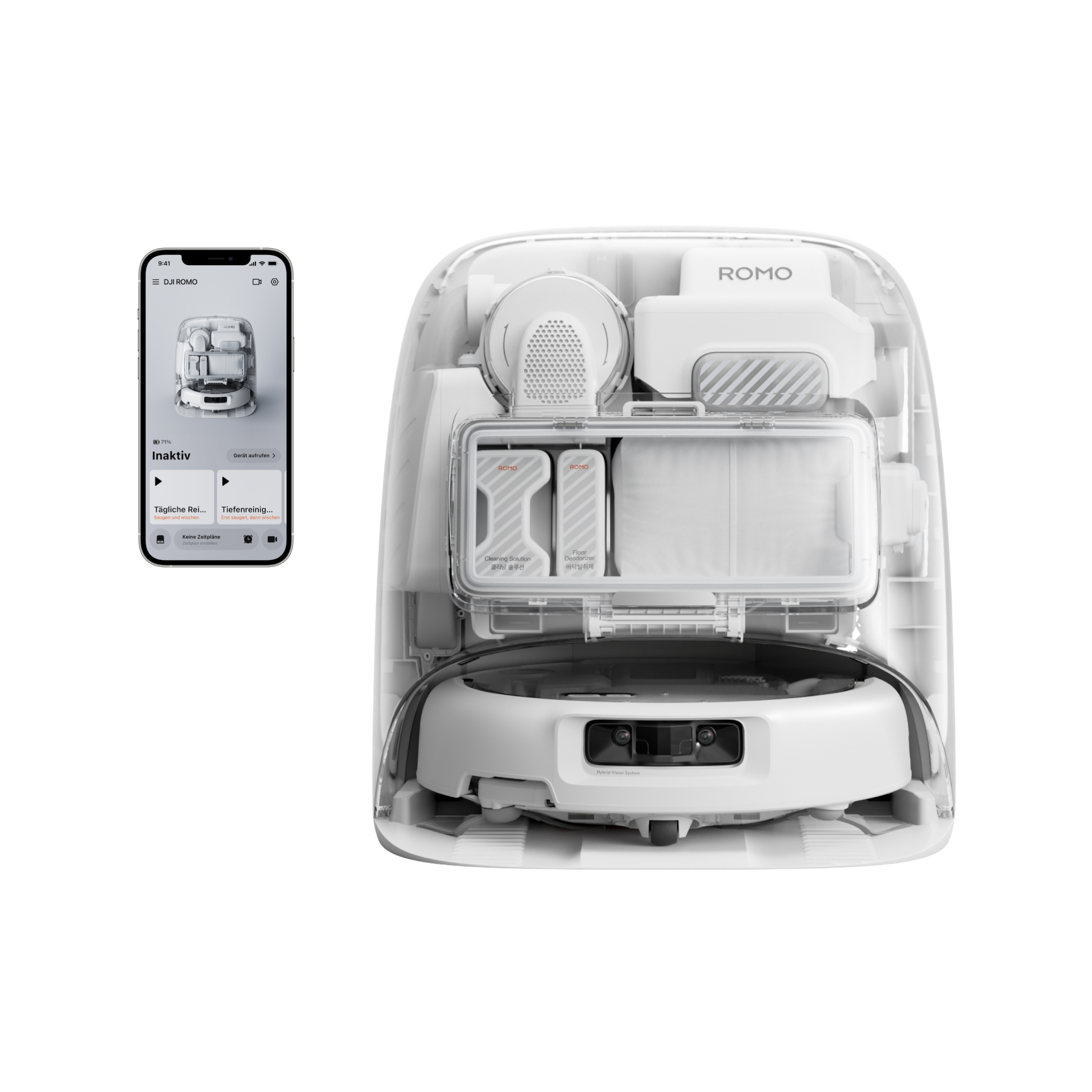 Base trasparente per robot aspirapolvere con componenti interni e smartphone.