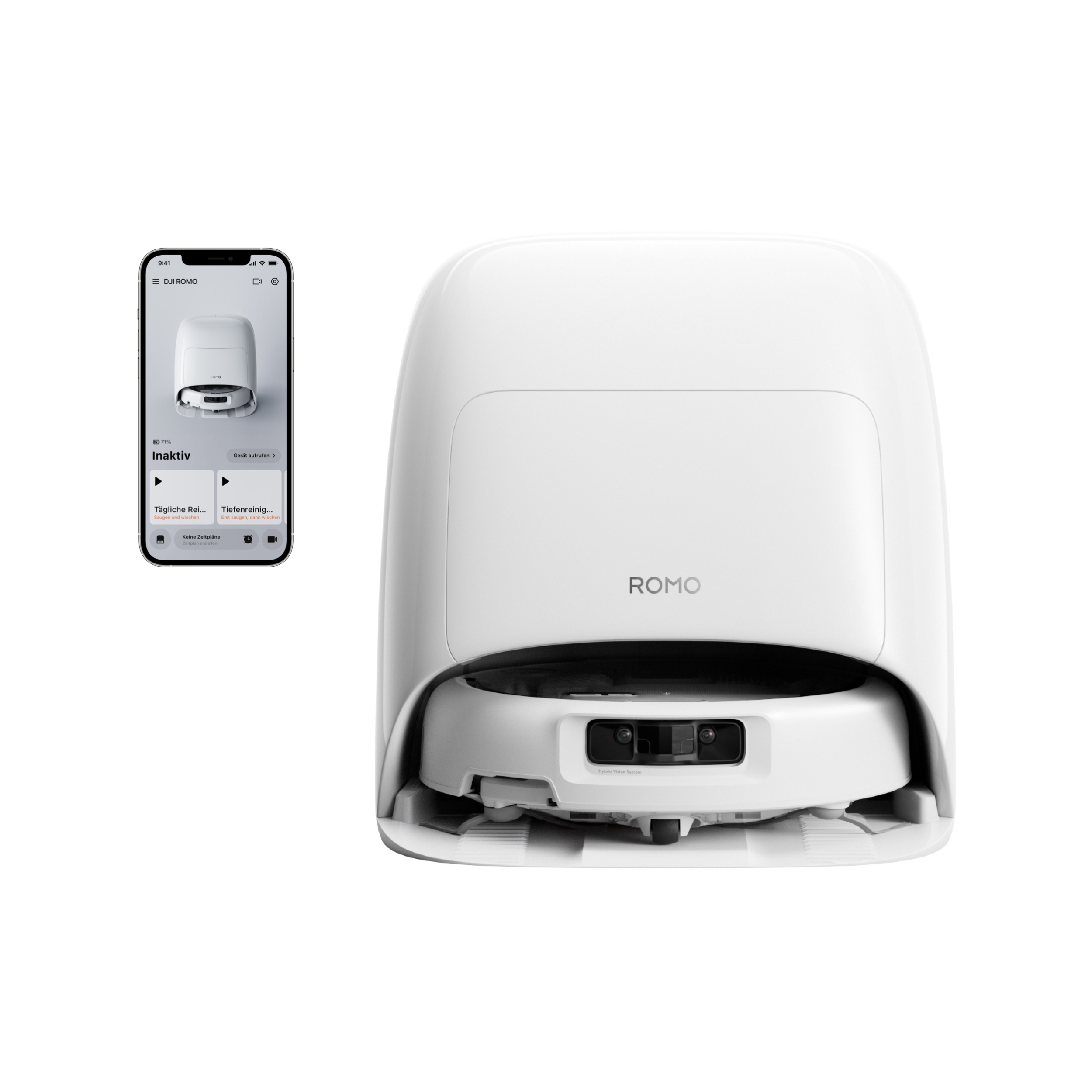 Robot aspirapolvere Romo bianco nella base con app su smartphone.