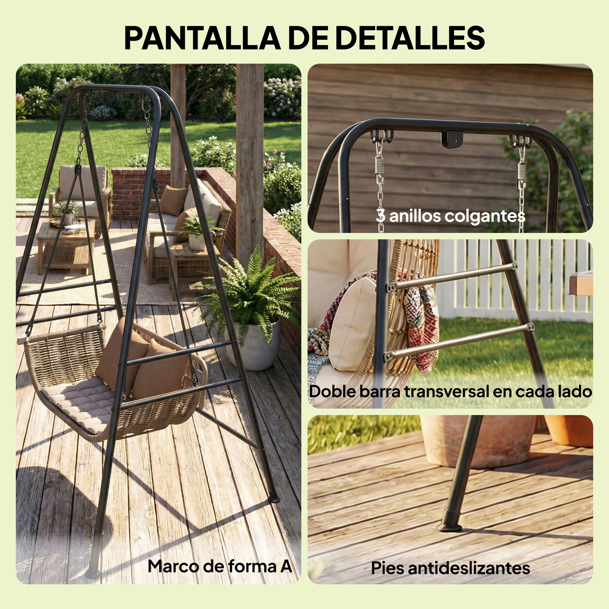 Detalles de una silla columpio con marco en A, anillos colgantes, barras transversales y pies antideslizantes.