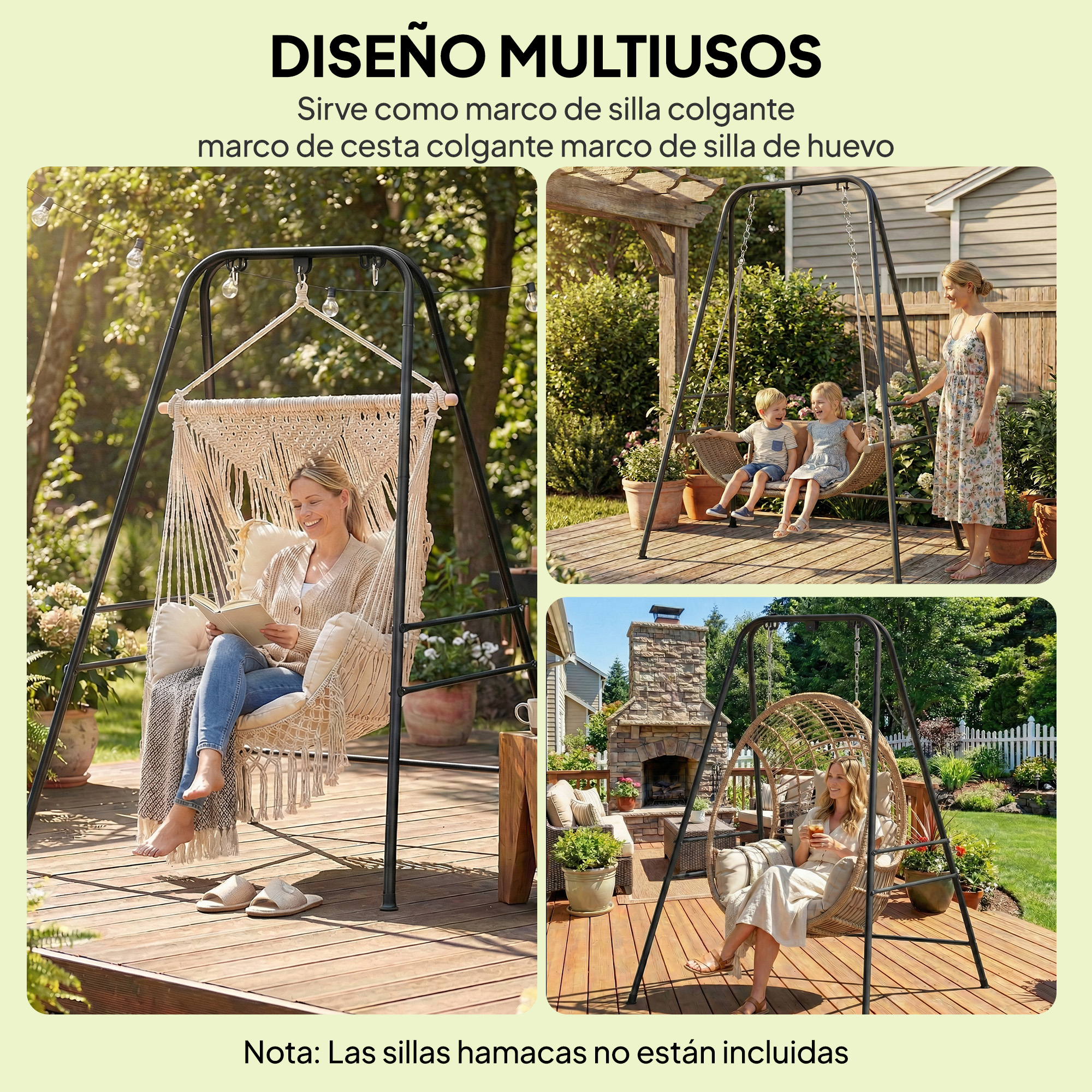 Un soporte metálico negro para sillas colgantes se muestra en tres jardines diferentes con varias sillas.