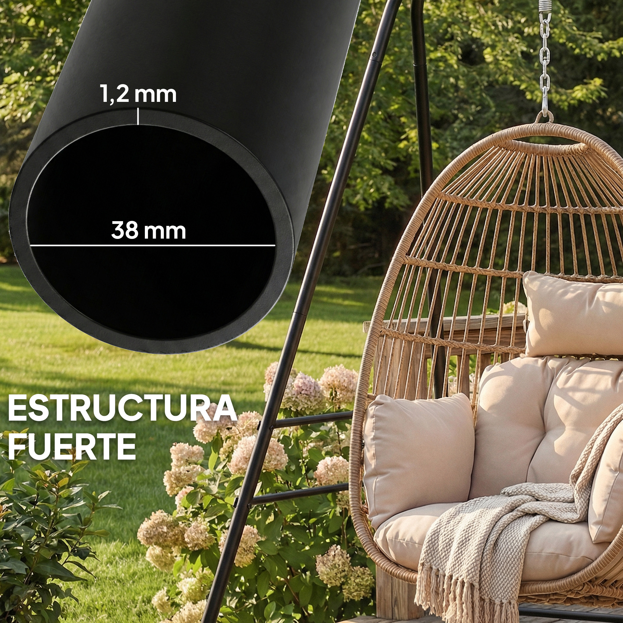 Una silla colgante de ratán en un jardín, con detalle del grosor del tubo de 1,2 mm y diámetro de 38 mm.
