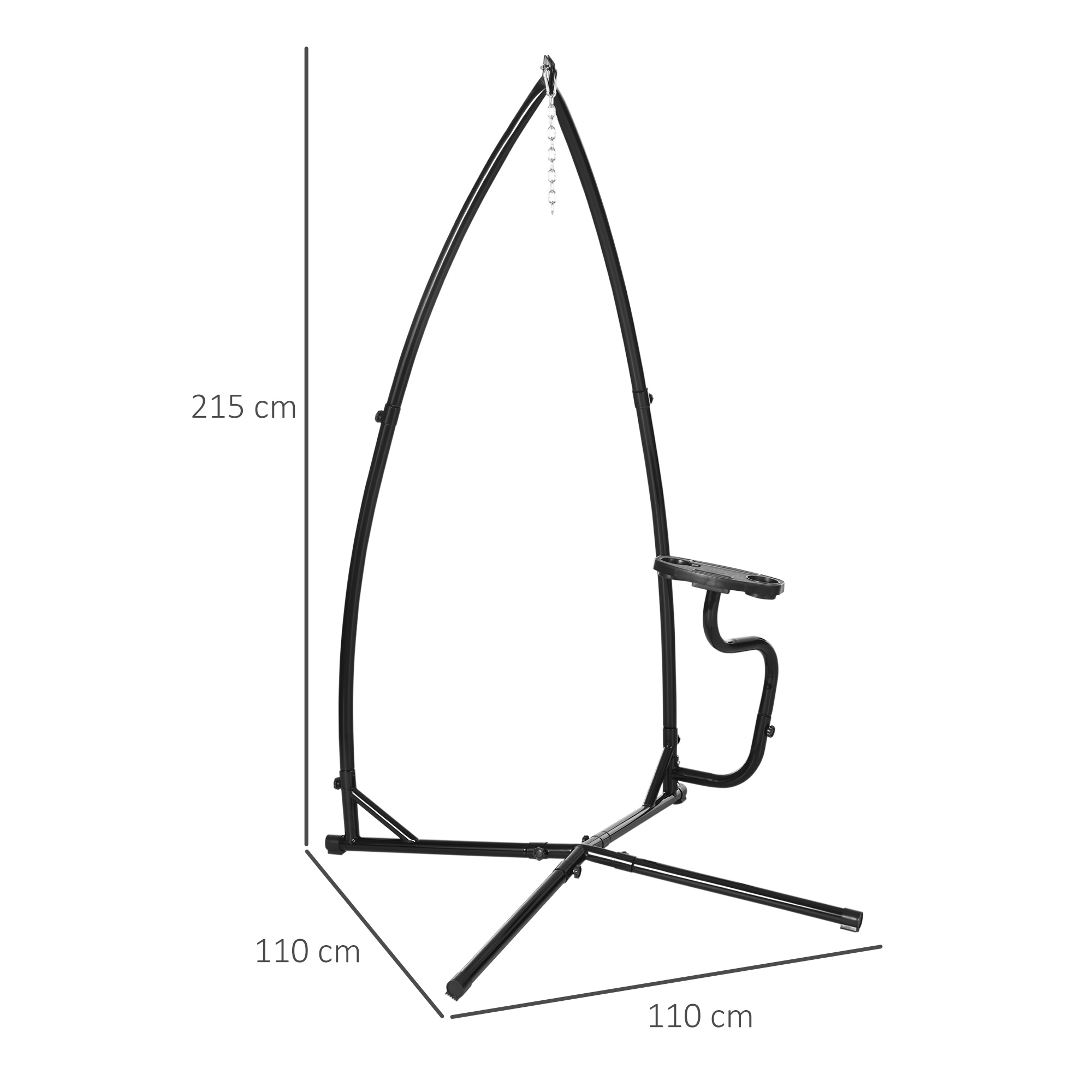 Soporte de metal negro para silla colgante con dimensiones de 215 cm de alto y base de 110x110 cm.
