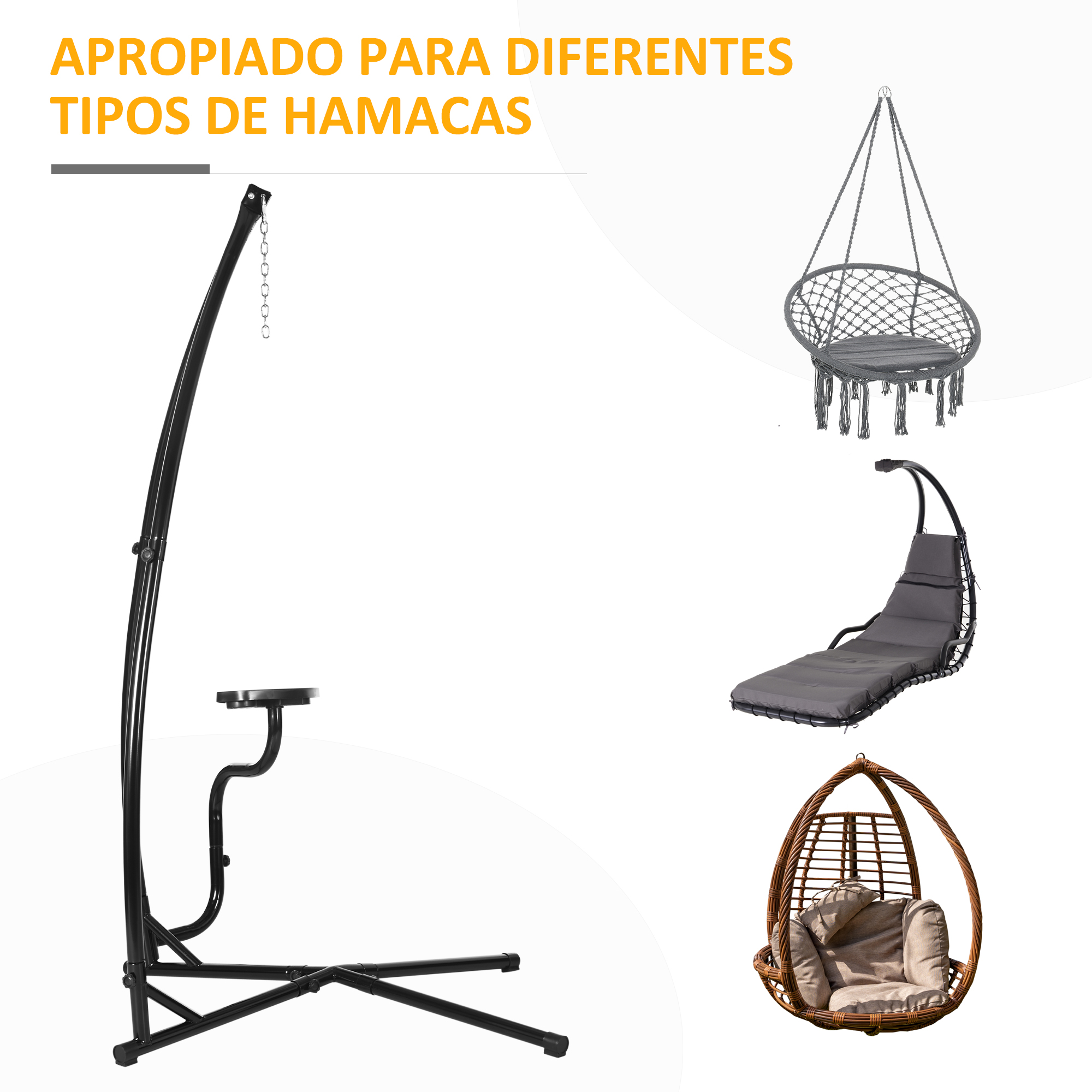 Soporte de metal negro a la izquierda con tres tipos diferentes de sillas colgantes a la derecha sobre fondo blanco.