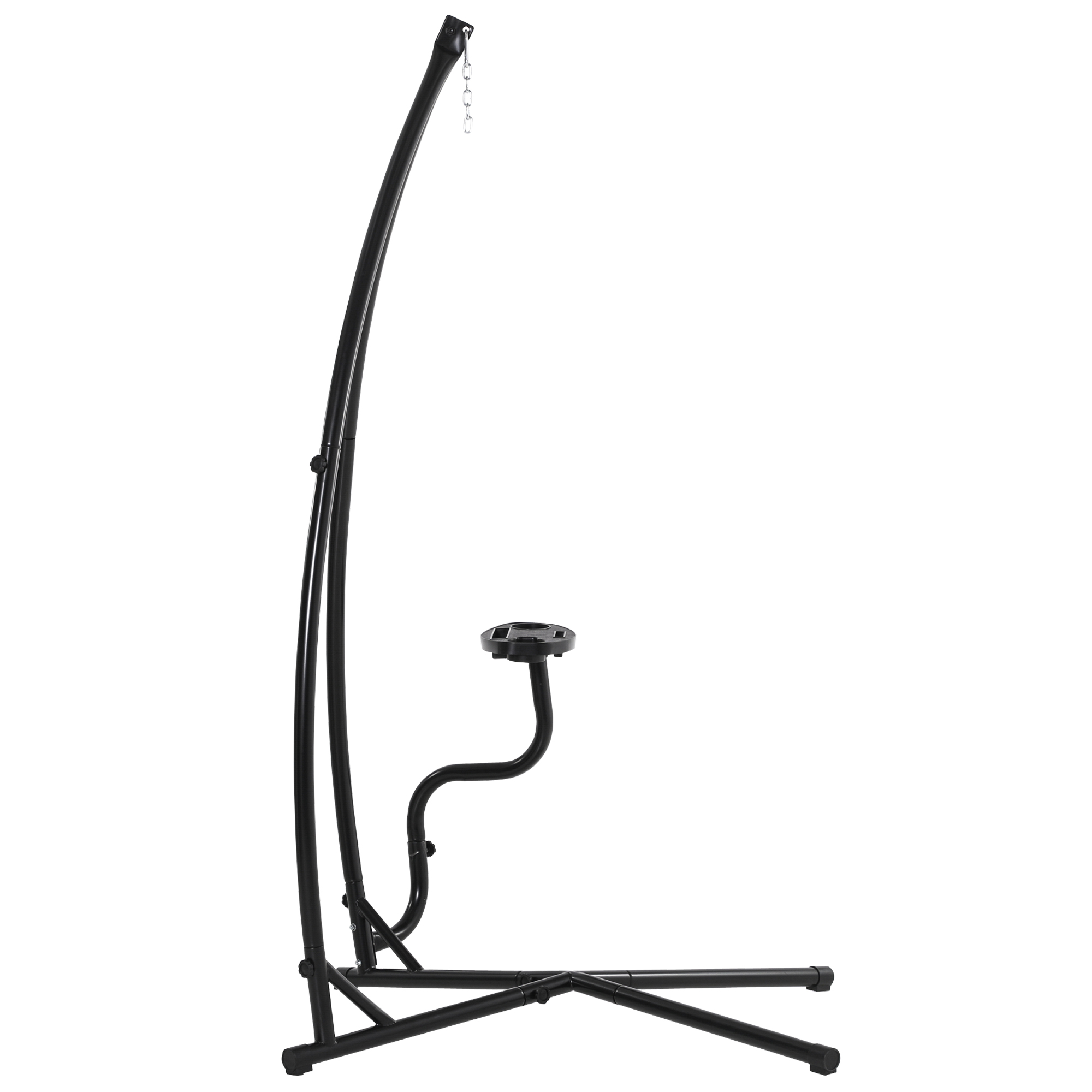 Un soporte de metal negro curvado con una cadena colgante y una pequeña plataforma redonda sobre fondo blanco.