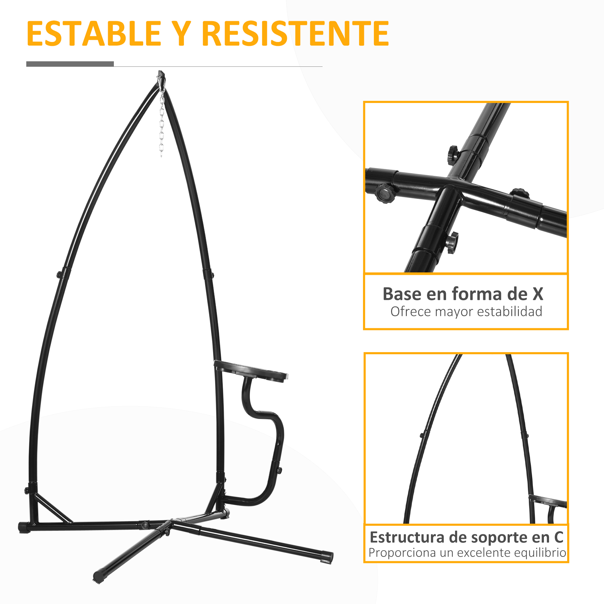 Un soporte metálico negro en forma de C con base en X, con fotos insertadas que destacan la base y estructura.