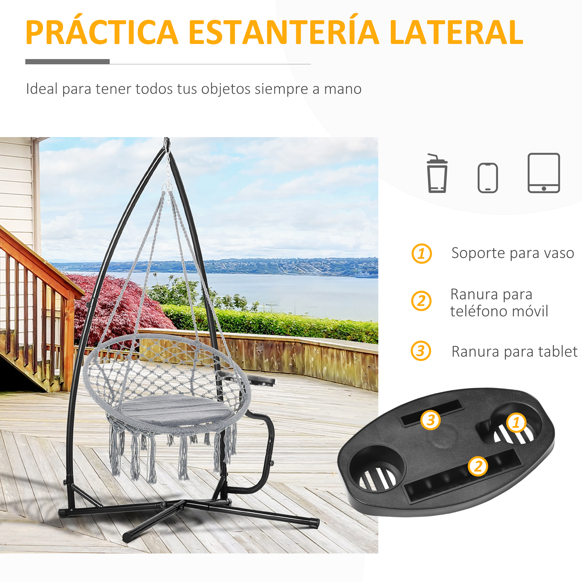 Silla colgante con estructura en una terraza y detalle de una bandeja integrada para vasos y tabletas.