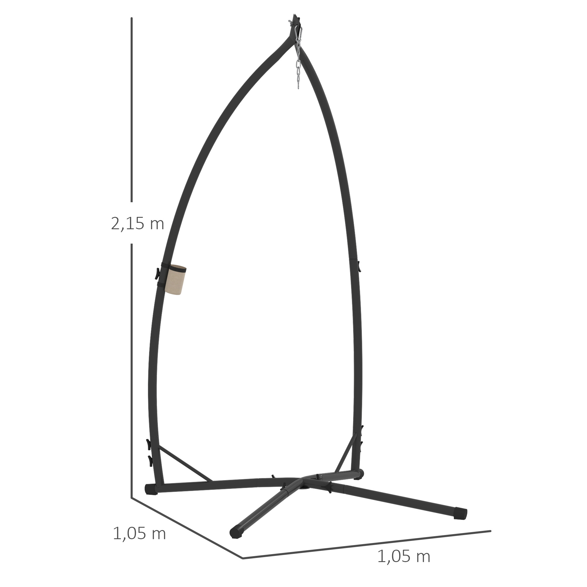 Soporte para silla colgante negro con dimensiones de 2,15 m de alto y 1,05 m por 1,05 m de base.
