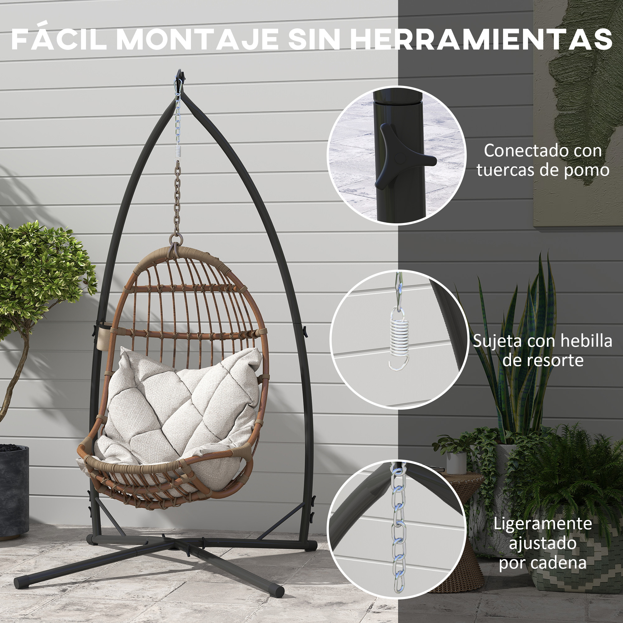 Una silla colgante con cojín, soporte y detalles de tuercas, resorte y cadena.
