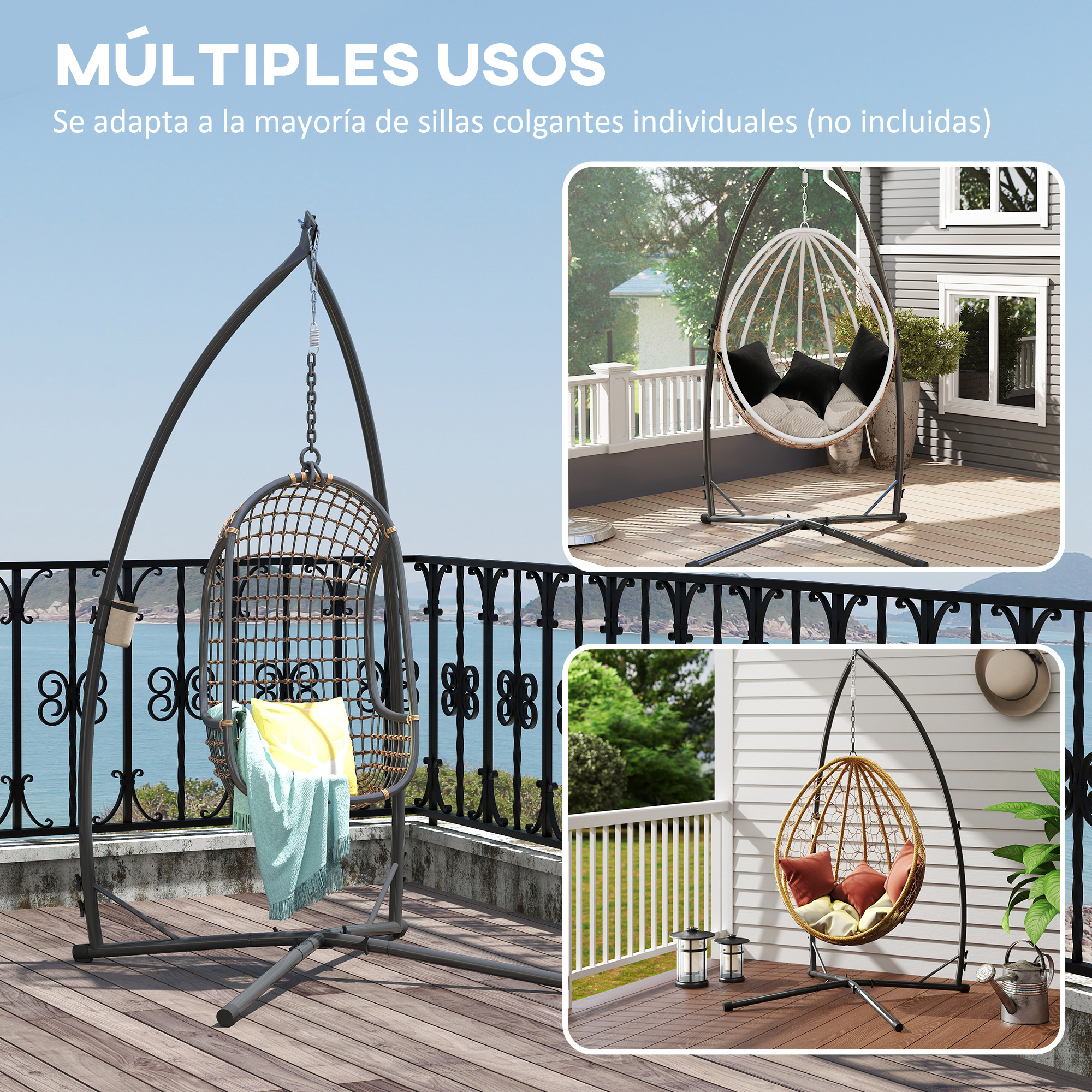 Soporte de metal para sillas colgantes en balcones, con tres ejemplos.