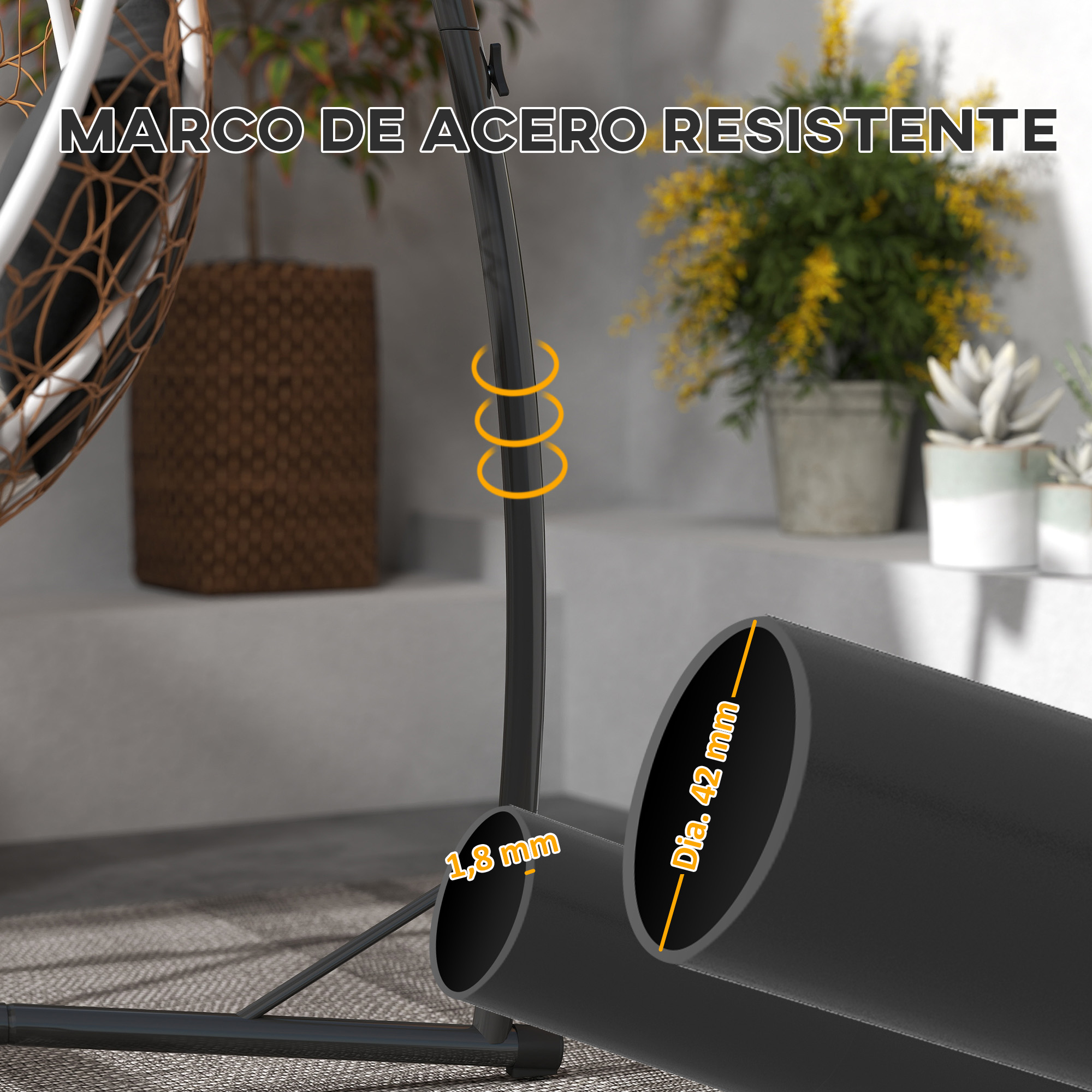 Diagrama de tubo de acero que muestra 42 mm de diámetro y 1,8 mm de grosor con texto.