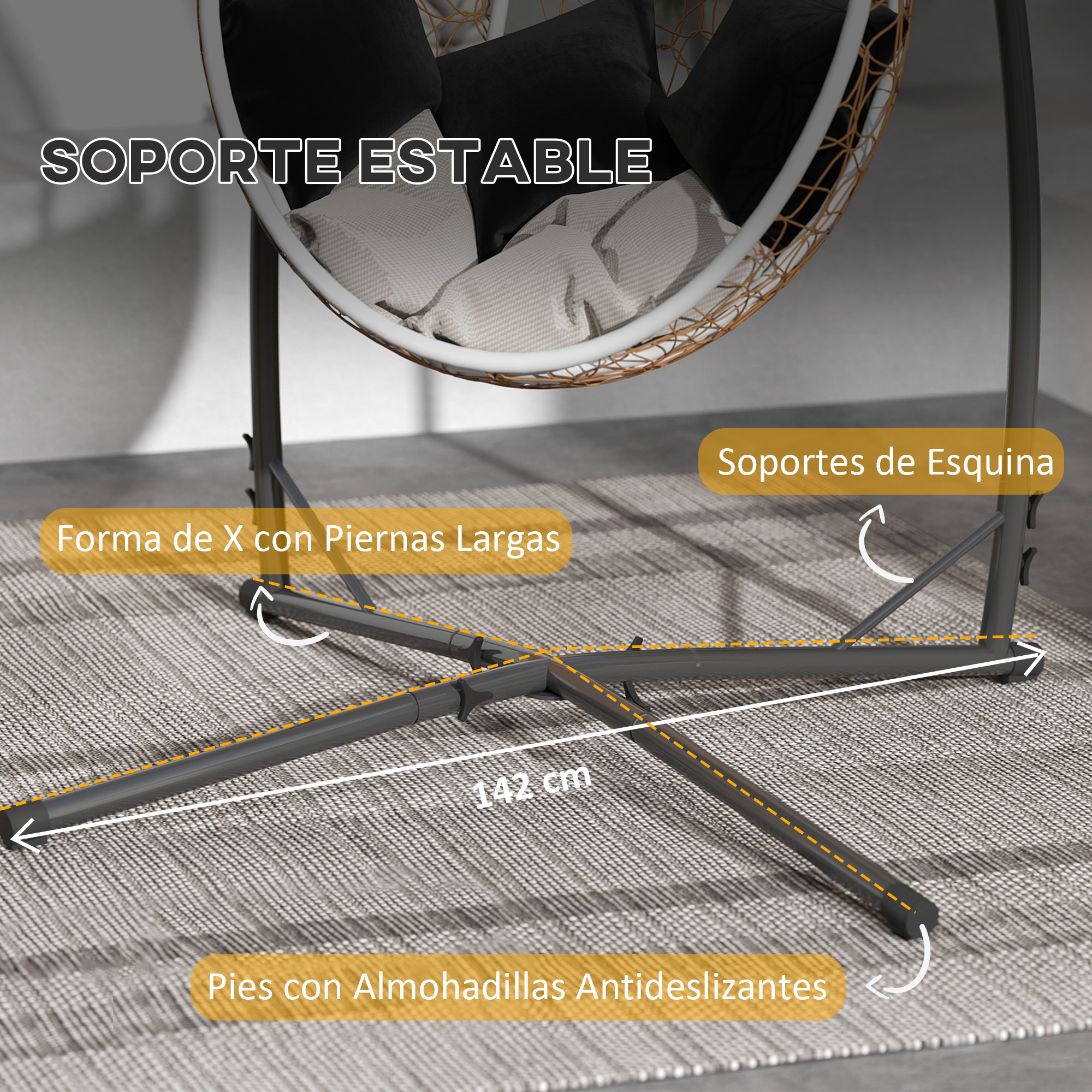 Soporte estable para silla colgante con base en forma de X, patas antideslizantes y 142 cm.