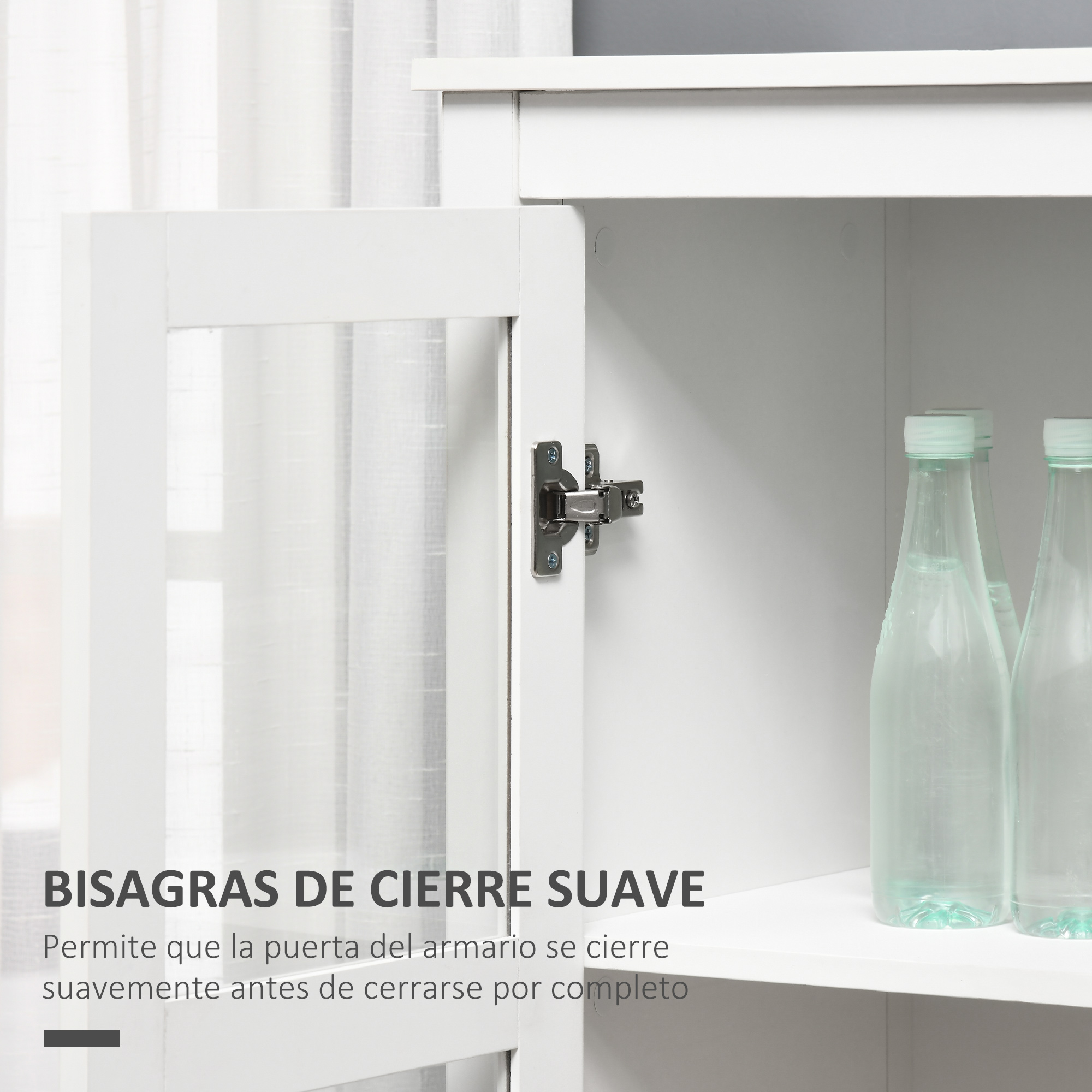 Primer plano de la bisagra metálica de un armario blanco con puerta de vidrio.