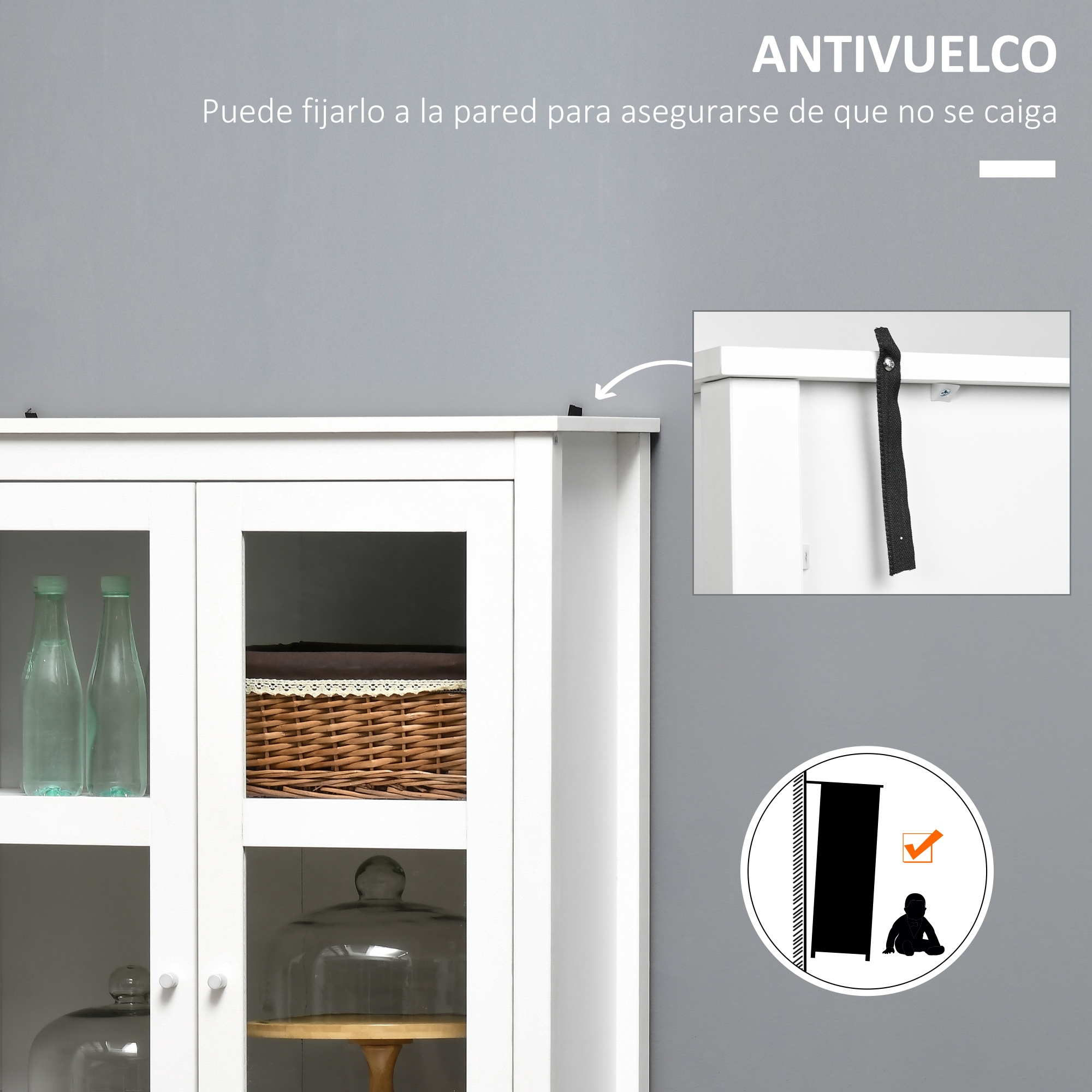 Dispositivo antivuelco para mueble blanco con detalle de fijación a la pared y gráfico de uso.