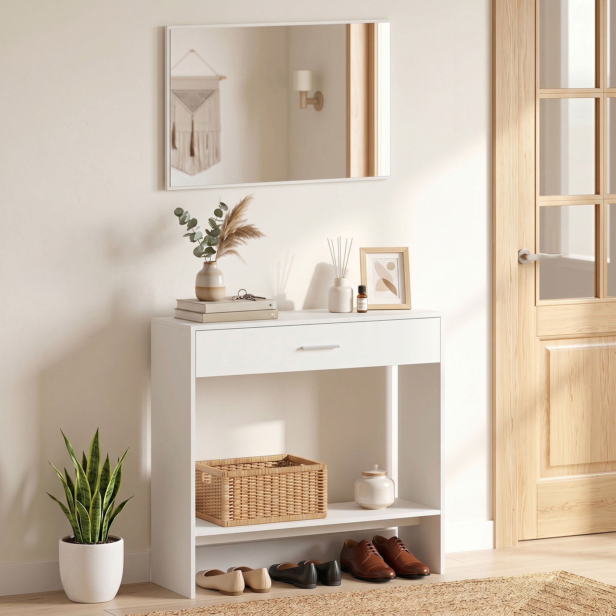 Una mesa consola blanca con espejo, decoración y zapatos debajo, junto a una puerta de madera y una planta.