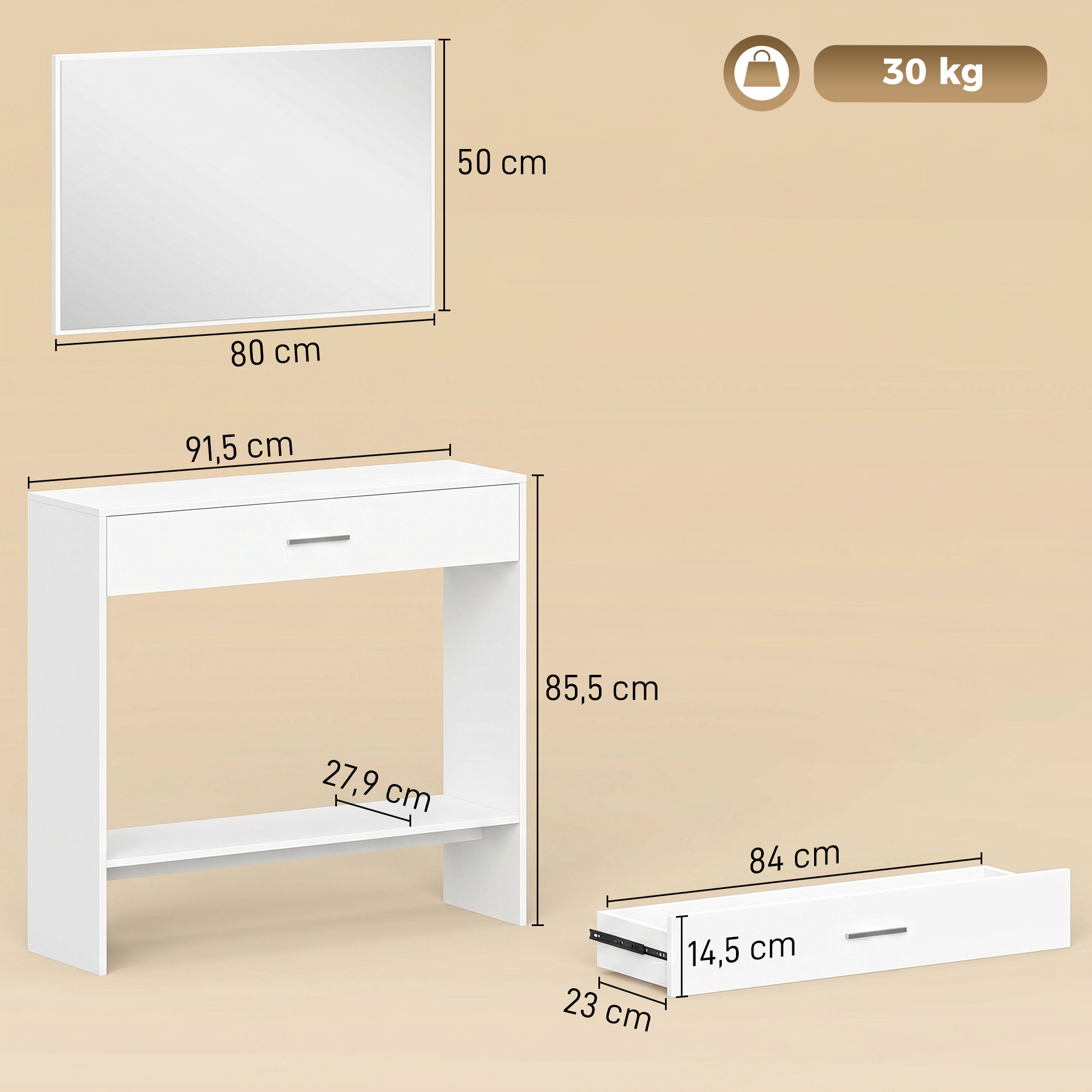 Dibujo técnico de una mesa consola blanca con cajón, espejo y dimensiones.