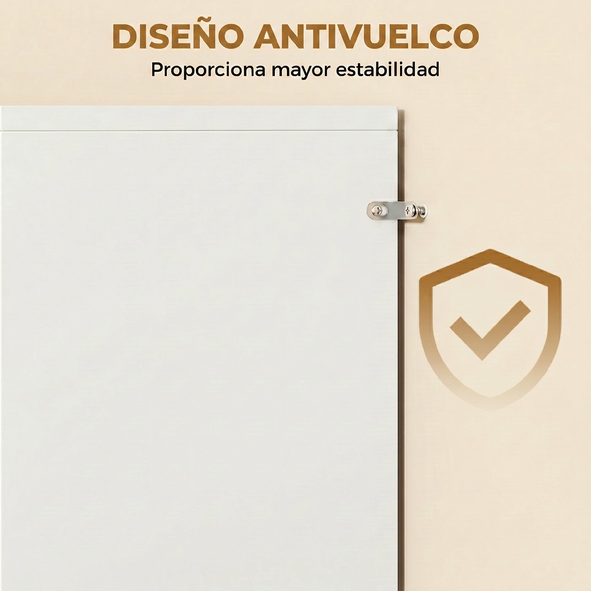 Diseño antivuelco que muestra un anclaje de pared en un mueble blanco.