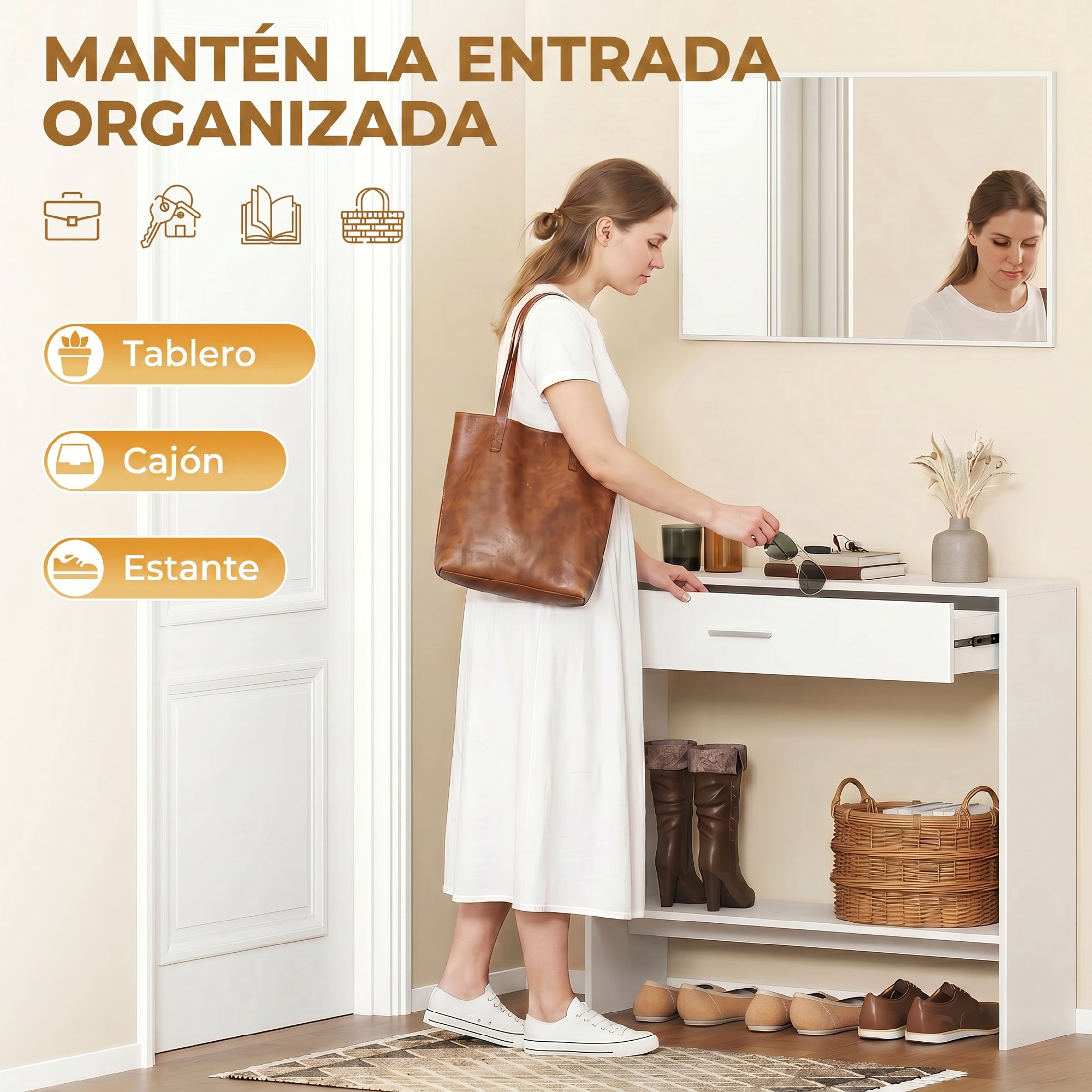 Una mujer con vestido blanco abre el cajón de una mesa consola blanca con un bolso marrón.