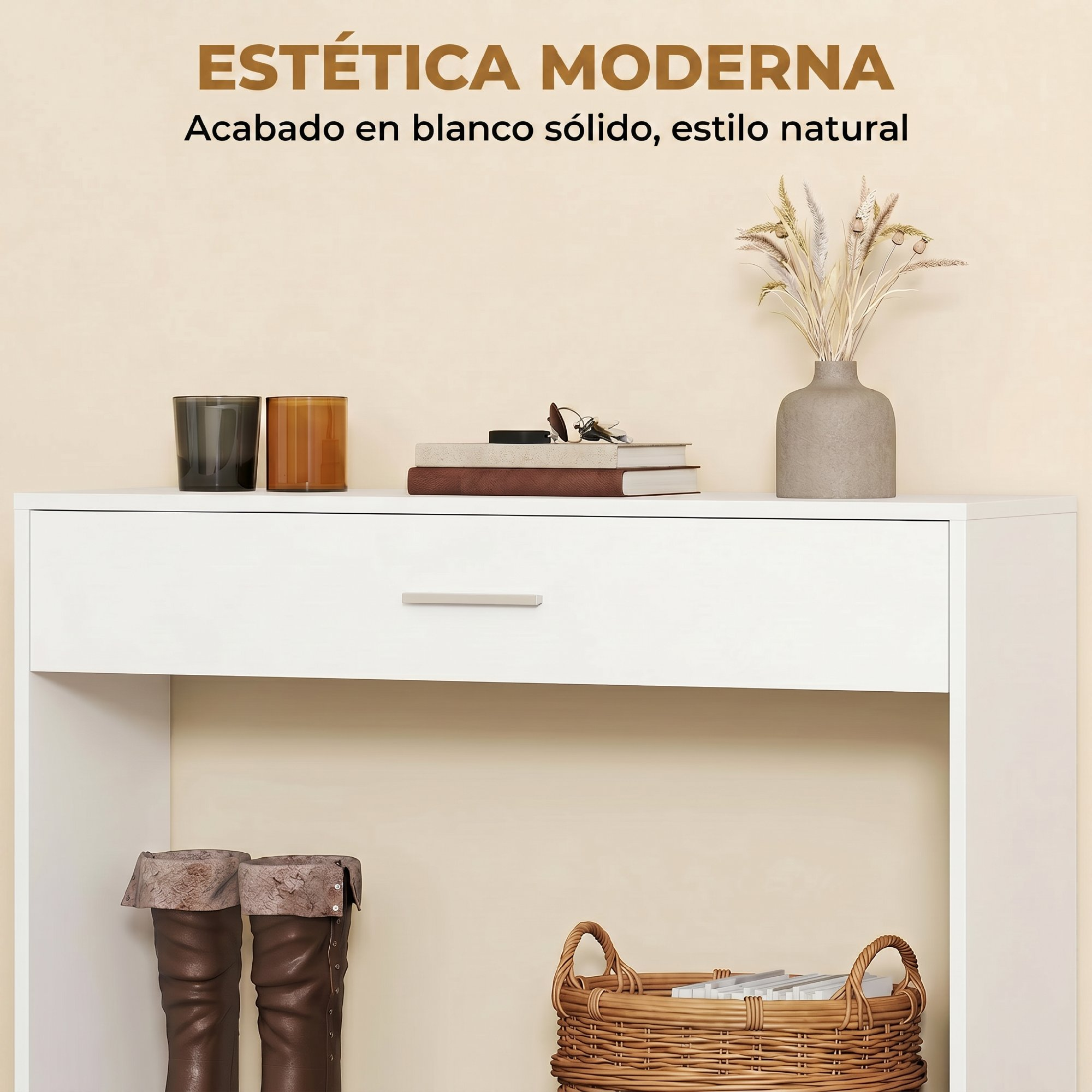 Mesa consola blanca moderna con velas, libros, jarrón arriba y botas, cesta en el estante inferior.