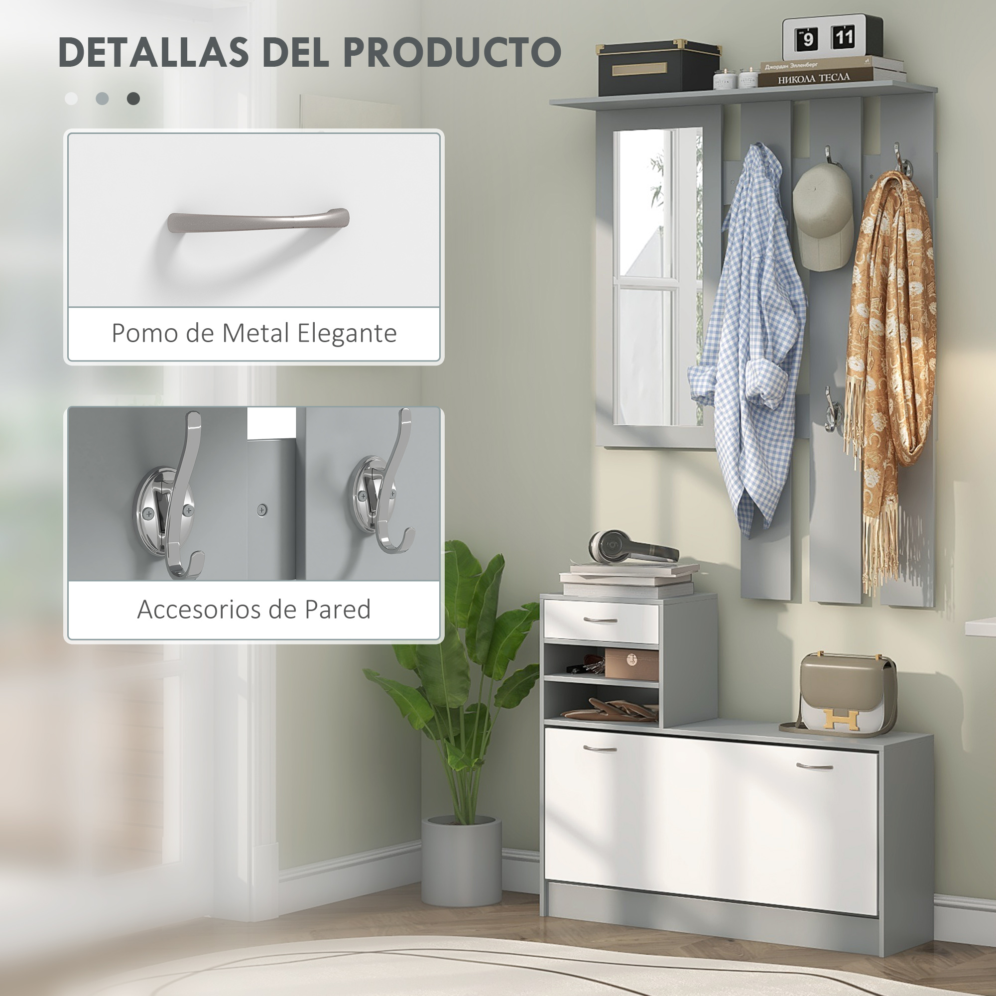 Conjunto de recibidor gris con panel de pared, espejo, ganchos, zapatero y detalles de tiradores y ganchos.