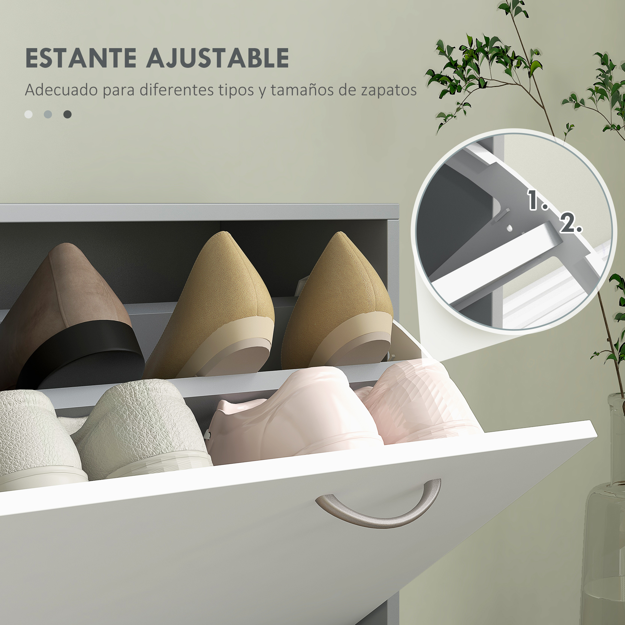 Un zapatero blanco con estantes abiertos muestra varios zapatos, mientras un círculo destacado muestra el mecanismo ajustable.